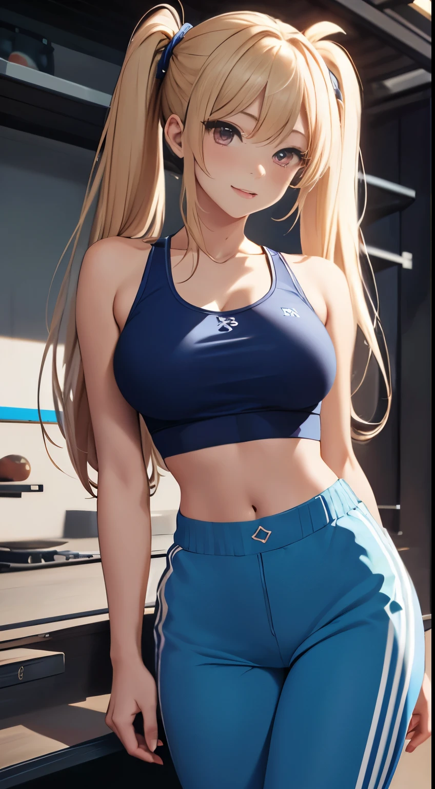 top-quality、Top image quality、​masterpiece、girl with((18year old、Blue Sports Bra、Blue sports pants、Best Bust、Bust 90、Blonde twintails、Red Eyes、open chest wide、Valley、Happiness、A slender、ssmile,fitness)）hiquality、Beautiful Art、Background with((sports club))、masutepiece、Elaborate design、visualart、