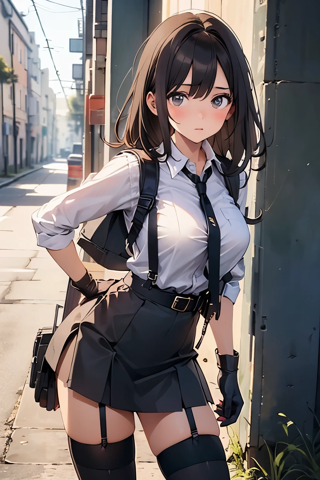 brown hair、looking at the viewer suspenders Bulging big breasts Black miniskirt garter belt knee high socks Gaze small face bangs Beauty hands up Gaze black boots provocation one person cutter shirt Panty shot hands behind put your hands behind your back Hands behind your back With your hands behind your back armed holster handgun belt garter bell black gloves with holes