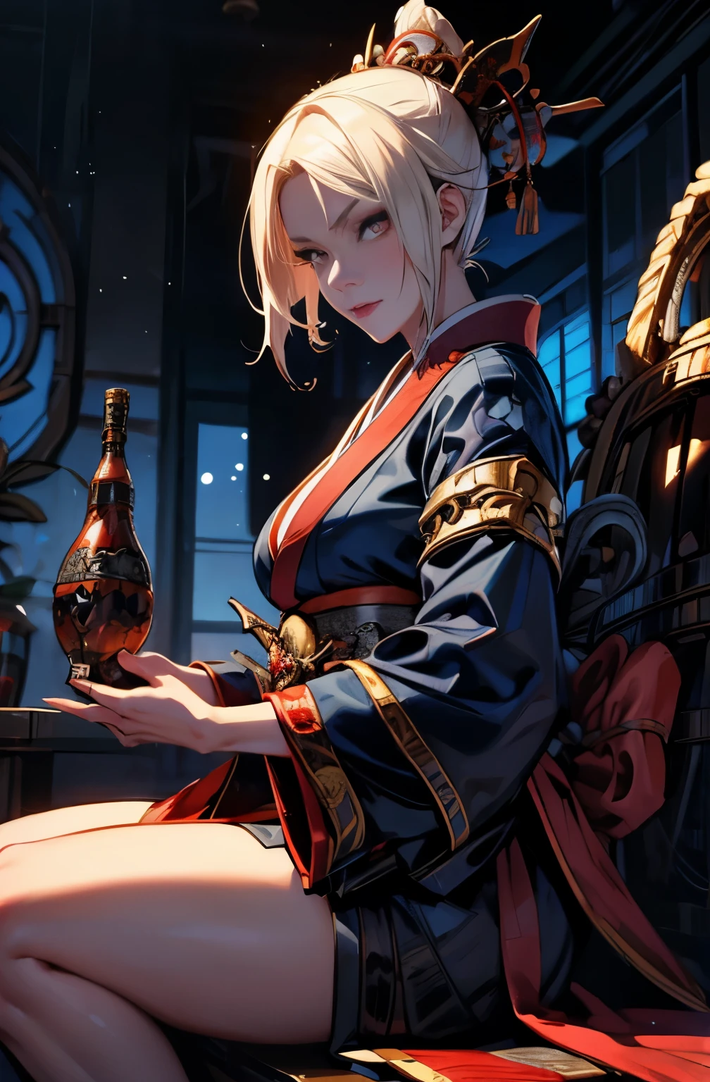 knifeを携えた赤い着物を着た非常に美しい鬼の女, platinum blonde demon, knife剣を携えた鬼の女, cool beauty, quite beautiful face, female warrior, female knight, sharp eyes, knife, 妖knife, knife, 強力のfemale warrior, mouth with fangs, gambling, platinum blonde demon, Beautiful red kimono, Oiran, highest ranking woman, Ghost Girl, Female Yakuza, Doji Ibaraki, Shuten Douji, A highly detailed painting by Yang J., Art Station Contest Winner, fantasy art, Onmyoji detailed art, lost run 8k, types of bacteria on artstation pixiv, types of bacteria. anime illustration, Onmyoji portrait, types of bacteria and ruan jia, onmyoji, best quality, perfect angle, perfect composition, best shot, official art, cinematic light, sharp outline, pretty much beautiful face, demon of kyoto, Lord of Chimi-Mourou, A ruthless demon woman, demon queen, Female Yakuza, full body tattoo, Danbilla, 妖knife, wide, Rashomon, SakuraFubuki
