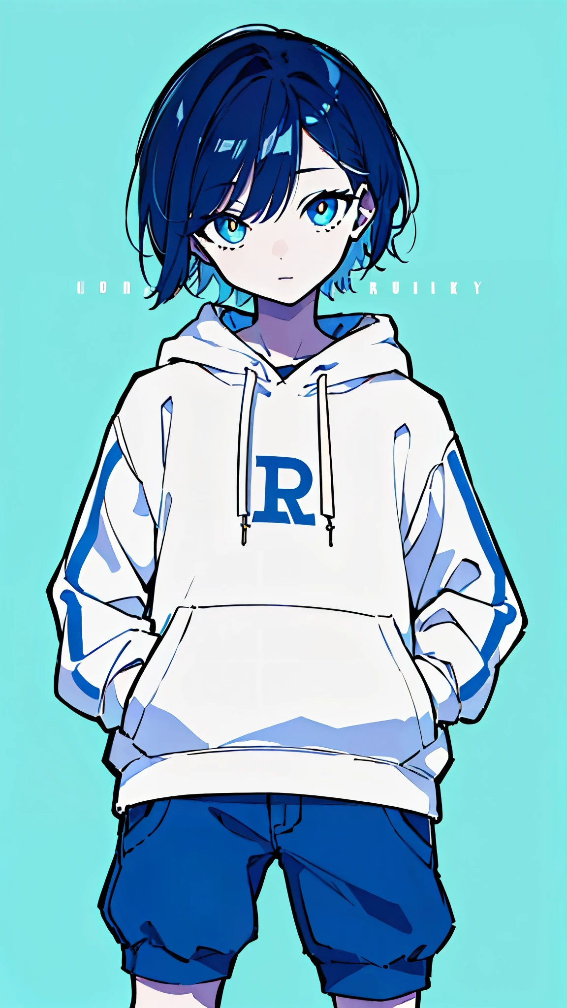 (masterpiece, highest quality:1.6), alone, thick outline, (simple background, light blue background, monochrome, light blue theme:1.2), official art, Key Visual, 8K, disorganized, whole body, (unique hair, Oversized Hoodies, hot pants, arch back, short torso:1.2), belly button, thighs, cowboy shot, HDR, sharp focus, High resolution, most detailed, very detailed, Super detailed, finely, detailed eyes and face, sharp pupils, realistic student, solo, blue and white contrast, solo, hands in pockets
