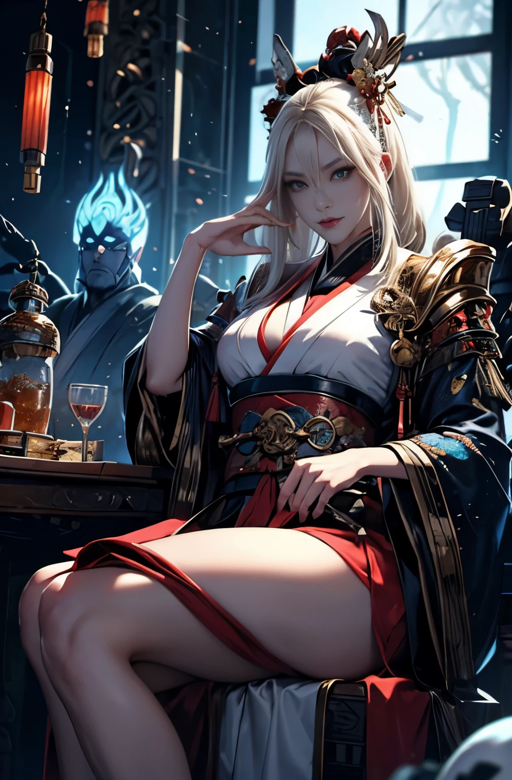 knifeを携えた赤い着物を着た非常に美しい鬼の女, platinum blonde demon, knife剣を携えた鬼の女, cool beauty, quite beautiful face, female warrior, female knight, sharp eyes, knife, 妖knife, knife, 強力のfemale warrior, mouth with fangs, gambling, platinum blonde demon, Beautiful red kimono, Oiran, highest ranking woman, Ghost Girl, Female Yakuza, Doji Ibaraki, Shuten Douji, A highly detailed painting by Yang J., Art Station Contest Winner, fantasy art, Onmyoji detailed art, lost run 8k, types of bacteria on artstation pixiv, types of bacteria. anime illustration, Onmyoji portrait, types of bacteria and ruan jia, onmyoji, best quality, perfect angle, perfect composition, best shot, official art, cinematic light, sharp outline, pretty much beautiful face, demon of kyoto, Lord of Chimi-Mourou, A ruthless demon woman, demon queen, Female Yakuza, full body tattoo, Danbilla, 妖knife, wide, Rashomon, SakuraFubuki