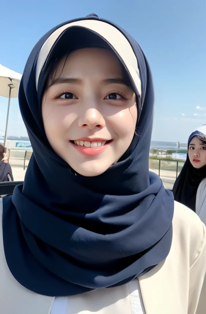 Wear hijab blue collor, ((Best quality, 8k, Masterpiece :1.37)), half body shot, position:sitting, ( women in hijab), multiple people , women in hijab blue, style model, ( women in hijab), beautiful face, Beautiful detailed eyes, Korean eyes, nose detail, Natural Lips, 18 year old girl, black hair, very detailed face, ultra detailed body, slim body, smiling lips, smile lips, detailed big breasts, detailed hairy vagina, Wearing Muslim hijab , luxurious jubba thobbe, blue sky view, slim body, realistic face, three women wearing hijabs