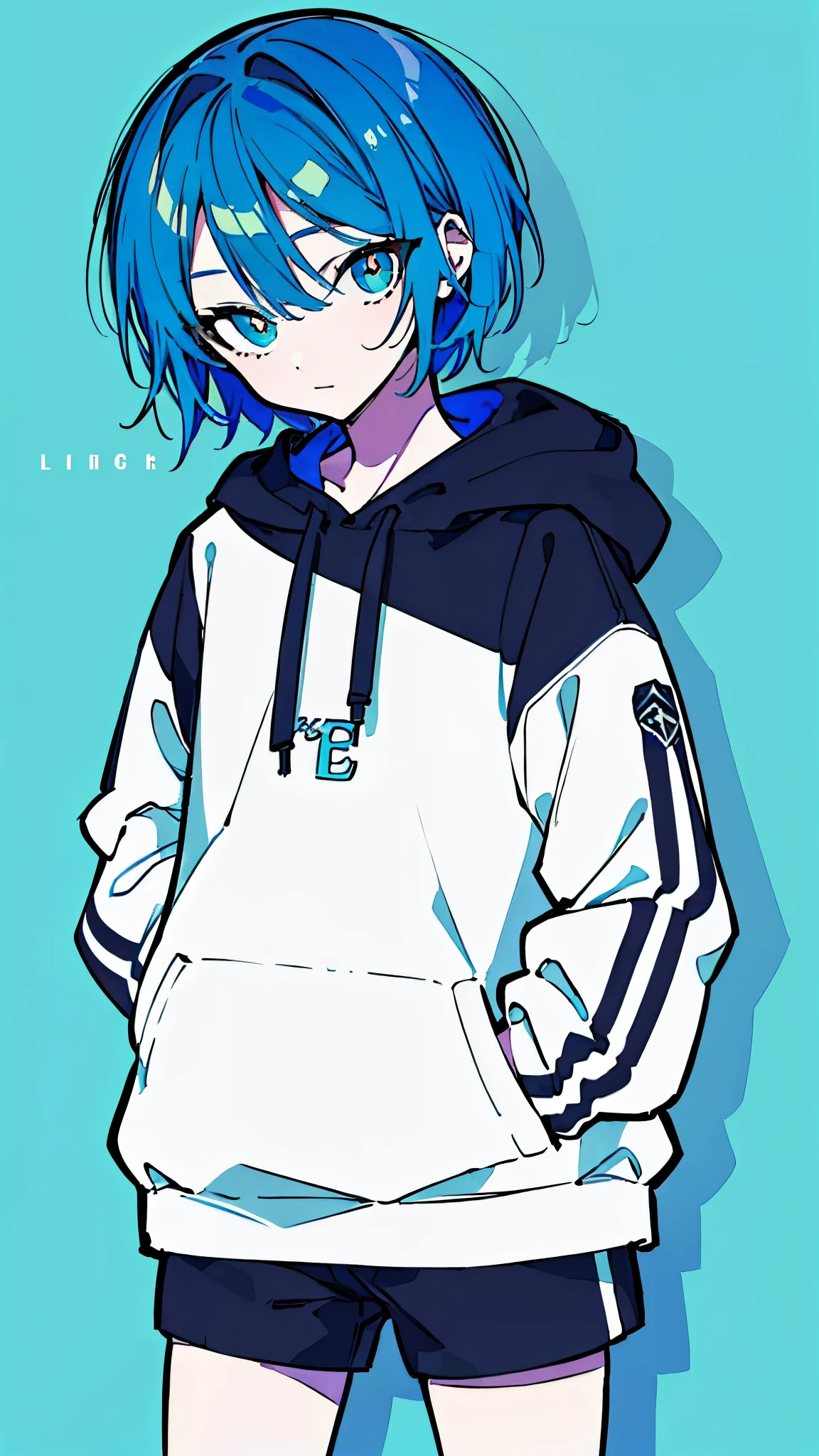 (masterpiece, highest quality:1.6), alone, thick outline, (simple background, light blue background, monochrome, light blue theme:1.2), official art, Key Visual, 8K, disorganized, whole body, (unique hair, Oversized Hoodies, hot pants, arch back, short torso:1.2), belly button, thighs, cowboy shot, HDR, sharp focus, High resolution, most detailed, very detailed, Super detailed, finely, detailed eyes and face, sharp pupils, realistic student, solo, blue and white contrast, solo, hands in pockets