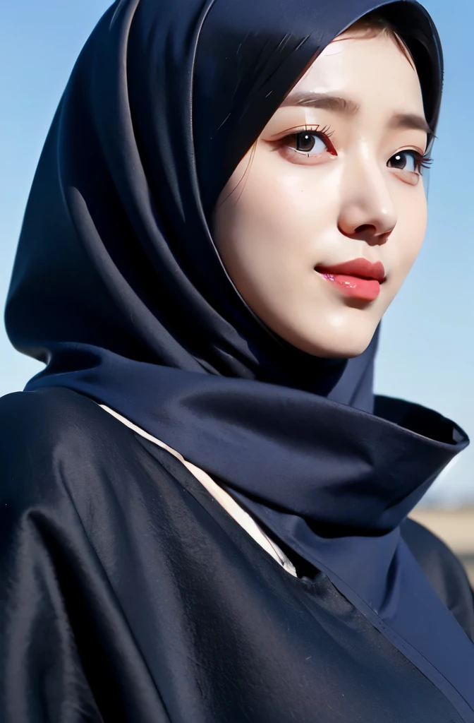Wear hijab blue collor, ((Best quality, 8k, Masterpiece :1.37)), half body shot, position:sitting, ( women in hijab), multiple people , women in hijab blue, style model, ( women in hijab), beautiful face, Beautiful detailed eyes, Korean eyes, nose detail, Natural Lips, 18 year old girl, black hair, very detailed face, ultra detailed body, slim body, smiling lips, smile lips, detailed big breasts, detailed hairy vagina, Wearing Muslim hijab , luxurious jubba thobbe, blue sky view, slim body, realistic face, three women wearing hijabs