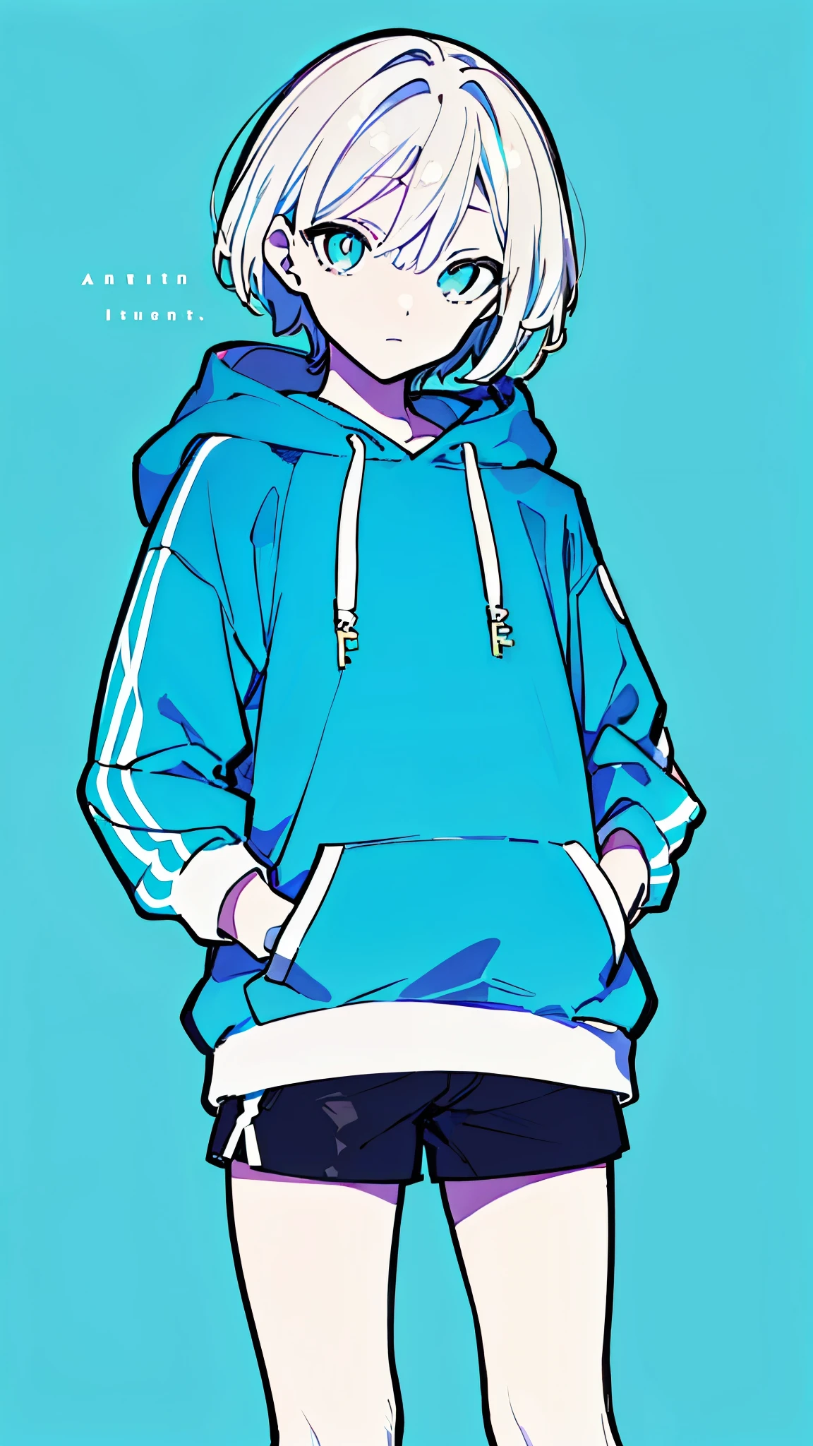 (masterpiece, highest quality:1.6), alone, thick outline, (simple background, light blue background, monochrome, light blue theme:1.2), official art, Key Visual, 8K, disorganized, whole body, (unique hair, Oversized Hoodies, hot pants, arch back, short torso:1.2), belly button, thighs, cowboy shot, HDR, sharp focus, High resolution, most detailed, very detailed, Super detailed, finely, detailed eyes and face, sharp pupils, realistic student, solo, blue and white contrast, solo, hands in pockets