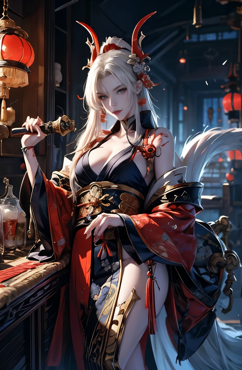 A very beautiful demon woman in a red kimono with a sword and sword, platinum blonde demon, knife剣を携えた鬼の女, cool beauty, quite beautiful face, sharp eyes, knife, 妖knife, knife, powerful female samurai, mouth with fangs, gambling, platinum blonde demon, Beautiful red kimono, Oiran, highest ranking woman, Ghost Girl, Female Yakuza, Doji Ibaraki, Shuten Douji, A highly detailed painting by Yang J., Art Station Contest Winner, fantasy art, Onmyoji detailed art, lost run 8k, types of bacteria on artstation pixiv, types of bacteria. anime illustration, Onmyoji portrait, types of bacteria and ruan jia, onmyoji, best quality, perfect angle, perfect composition, best shot, official art, cinematic light, sharp outline, pretty much beautiful face, demon of kyoto, Lord of Chimi-Mourou, A ruthless demon woman, demon queen, Female Yakuza, full body tattoo, Danbilla, 妖knife, wide, Rashomon, SakuraFubuki