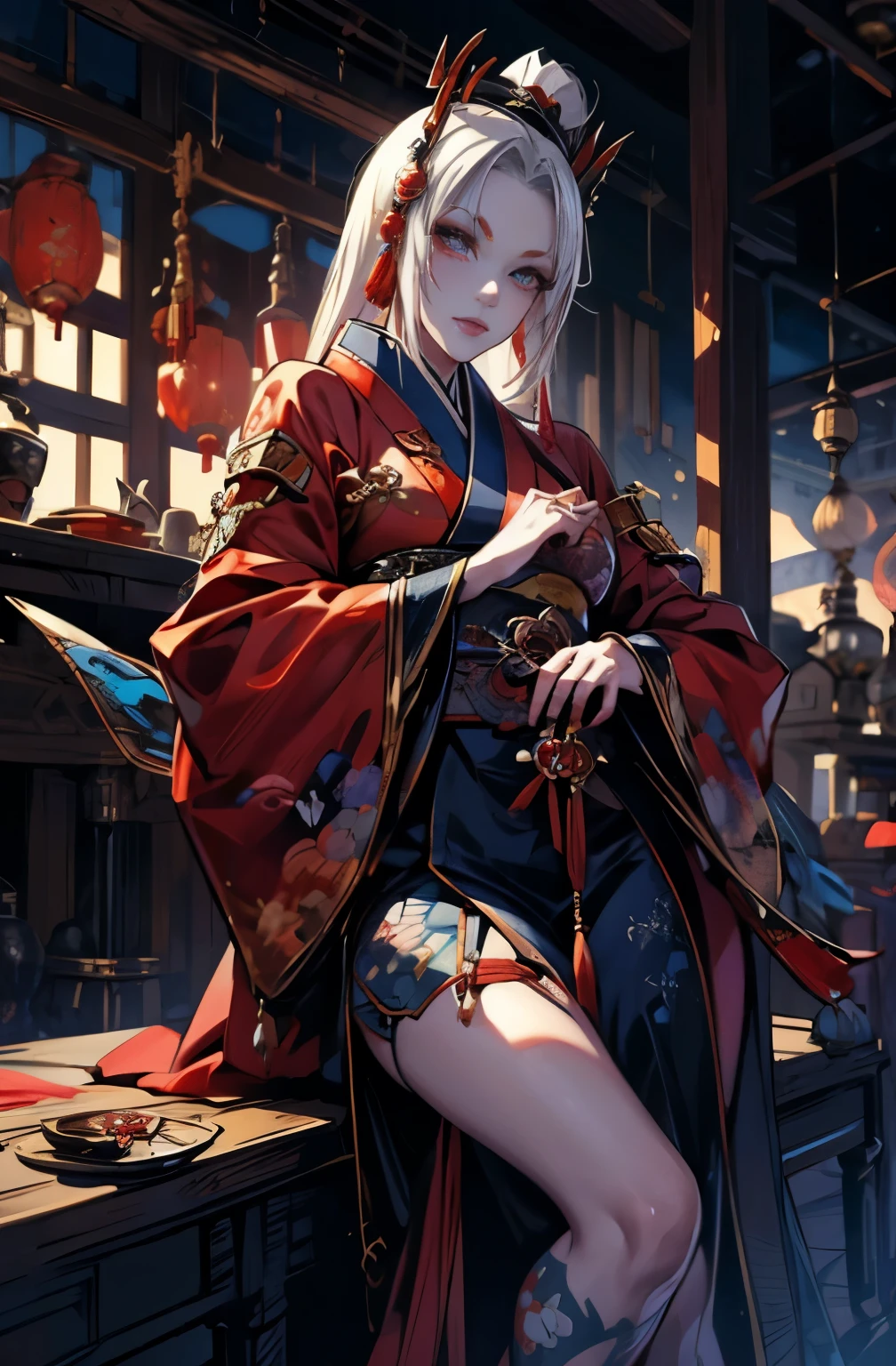 A very beautiful demon woman in a red kimono with a sword and sword, platinum blonde demon, knife剣を携えた鬼の女, cool beauty, quite beautiful face, sharp eyes, knife, 妖knife, knife, powerful female samurai, mouth with fangs, gambling, platinum blonde demon, Beautiful red kimono, Oiran, highest ranking woman, Ghost Girl, Female Yakuza, Doji Ibaraki, Shuten Douji, A highly detailed painting by Yang J., Art Station Contest Winner, fantasy art, Onmyoji detailed art, lost run 8k, types of bacteria on artstation pixiv, types of bacteria. anime illustration, Onmyoji portrait, types of bacteria and ruan jia, onmyoji, best quality, perfect angle, perfect composition, best shot, official art, cinematic light, sharp outline, pretty much beautiful face, demon of kyoto, Lord of Chimi-Mourou, A ruthless demon woman, demon queen, Female Yakuza, full body tattoo, Danbilla, 妖knife, wide, Rashomon, SakuraFubuki
