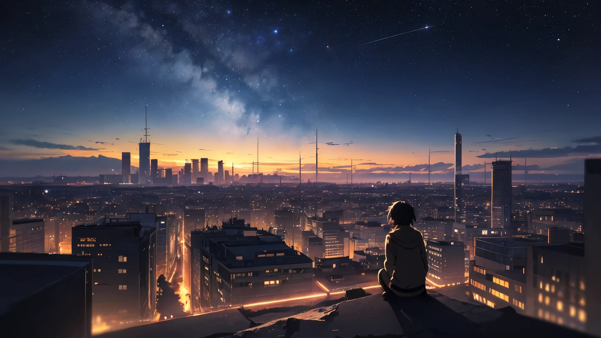 octane，sky sky，star（sky sky），landscape，star空，night，1 girl，near sky，alone，exterior，building，cloud，Milky Way，sat down，Backshadow，long hair，city，silhouette，view over city，Backlight, Anime drawn by Makoto Shinkai, It&#39;s trending on pixiv, magical realism, beautiful anime scene, space sky. by makoto shinkai, ( ( makoto shinkai ) ), by makoto shinkai, Anime background art, Makoto Shinkai&#39;s style