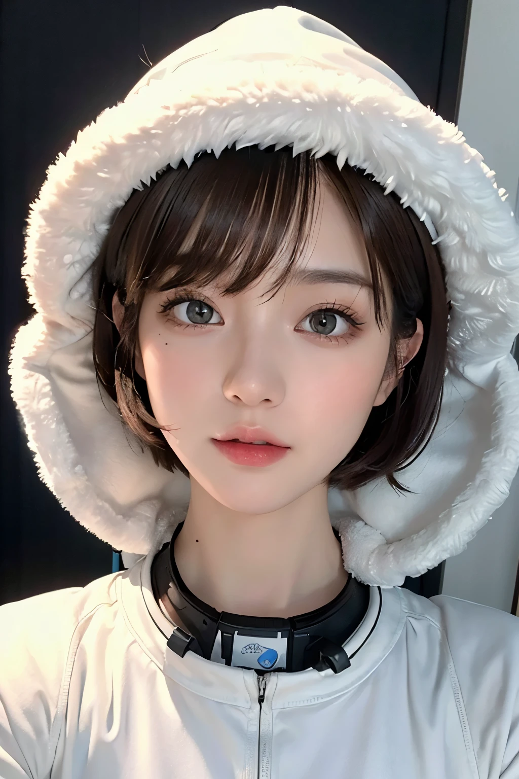 highest quality、masterpiece、ultra high resolution、(real:1.4)、Beautiful woman1、Beautiful details of eyes and skin、light brown short cut hair、The perfect spacesuit、spaceship、Melting snow、spring、