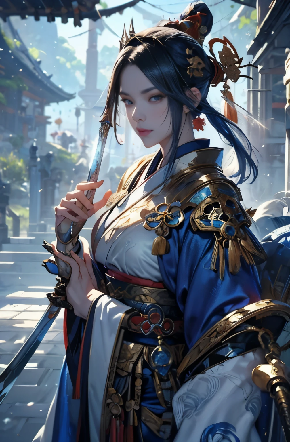 Alafed woman in kimono holding sword and sword, A highly detailed painting by Yang J., Art Station Contest Winner, fantasy art, Onmyoji detailed art, lost run 8k, types of bacteria on artstation pixiv, types of bacteria. anime illustration, Onmyoji portrait, types of bacteria and ruan jia, onmyoji
