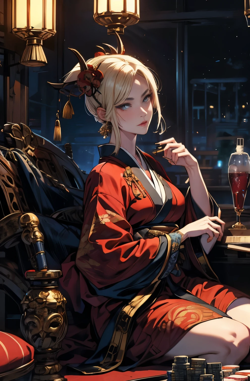 beautiful demon painting, knife剣を携えた鬼の女, knife, 妖knife, knife, powerful female samurai, mouth with fangs, gambling, platinum blonde demon, Beautiful red kimono, Oiran, highest ranking woman, Ghost Girl, Female Yakuza, Doji Ibaraki, Shuten Douji, Inspired by Chen Yifei, Inspired by Francesco Hayez, Inspired by Hendrik Terbruggen, Jean=Works that influenced Auguste Dominique Ingres, Inspired by Liu Jun, Jean=Works that influenced Auguste Dominique Ingres, highest quality, perfect angle, perfect composition, best shot, official art, cinematic light, figurative art, Beautiful and expressive paintings, Beautiful artwork illustration, wonderful, cool beauty, clear, Mysterious, highest quality, official art, perfect composition,perfect angle, best shot, women only, sharp outline, pretty much beautiful face, demon of kyoto, Lord of Chimi-Mourou, A ruthless demon woman, demon queen, Female Yakuza, full body tattoo, Danbilla, 妖knife, wide, Rashomon, Close-up