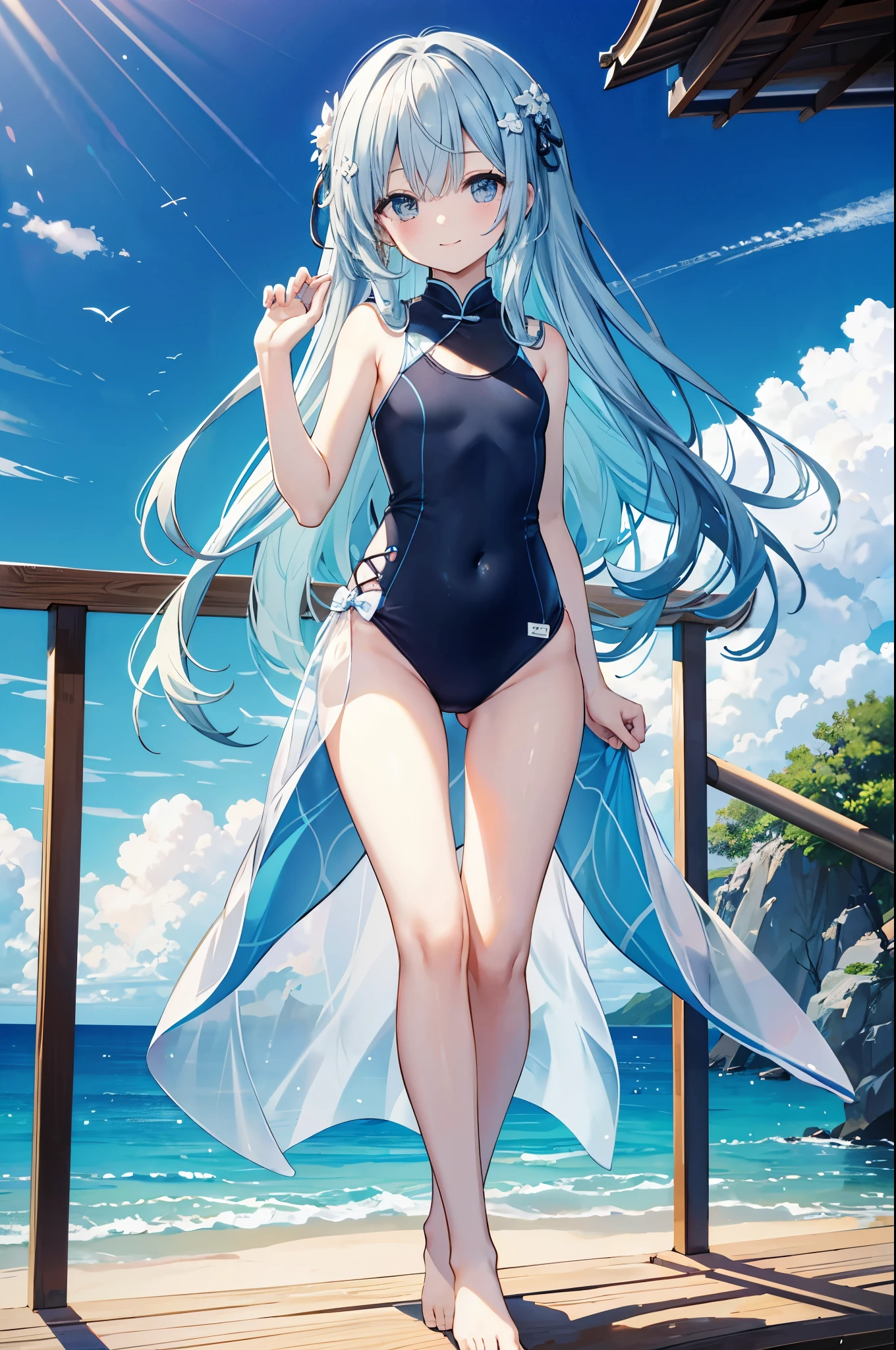 ((masterpiece、4K、8K、highest quality: 1.perfect fingers: 1.perfect anatomy: 1.3、background blur))、((ultra precision))、(12 years old、slender、lolita、super beautiful girl、straight long hair:1.6)、(Light blue and black Chinese one-piece swimsuit、barefoot:1.5)、、(Close one eye and smile:1.4)、(Are standing、wide shot、full body:1.5)、(blue sky、white sand beach:1.4)、