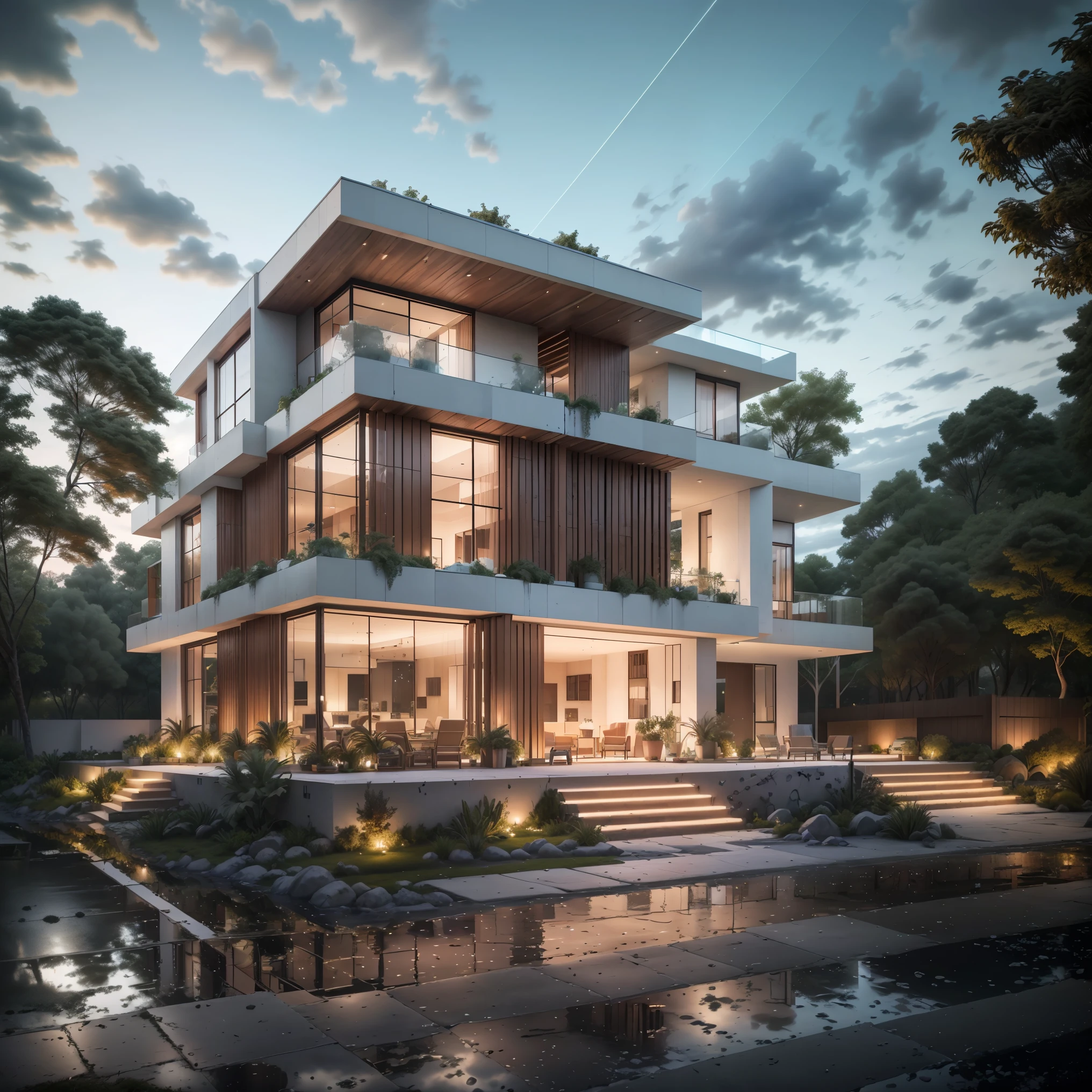 Bauhaus style house, glass house with a sloping roof, modern, dynamic (RAW photo, real, best quality, masterpiece:1.2), (hyper realistic, photo-realistic:1.2), high quality, (dark lighting:1.2), perfect lighting, archdaily