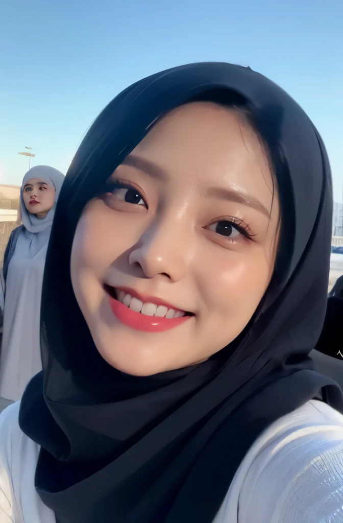 Wear hijab blue collor, ((Best quality, 8k, Masterpiece :1.37)), position:sitting, ( women in hijab), multiple people , women in hijab blue, style model, ( women in hijab), beautiful face, Beautiful detailed eyes, Korean eyes, nose detail, Natural Lips, 18 year old girl, black hair, very detailed face, ultra detailed body, slim body, smiling lips, smile lips, detailed big breasts, detailed hairy vagina, Wearing Muslim hijab , luxurious jubba thobbe, blue sky view, slim body, realistic face, three women wearing hijabs