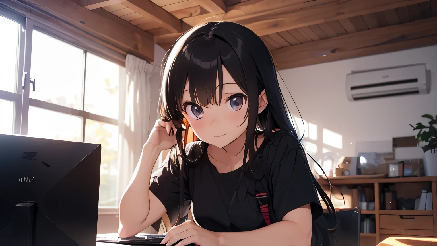 Anime character of a boy in a state studio behind a table with smart gadgets and shooting video shooting gadgets in HD quality black shirt and white