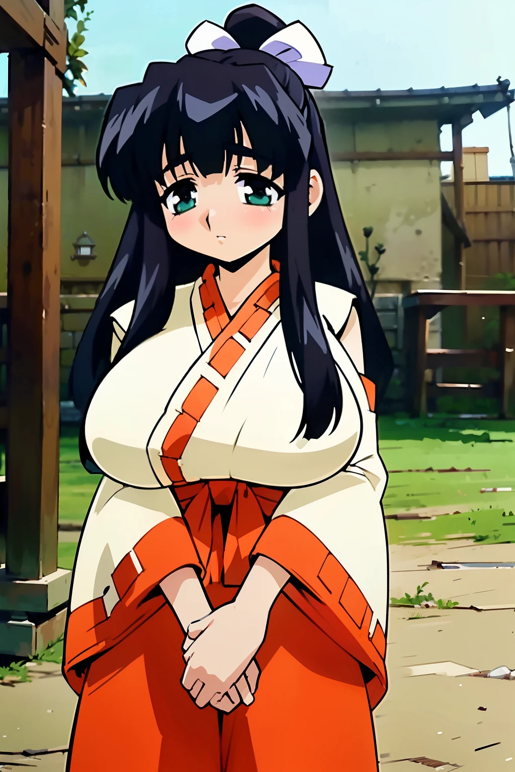 masterpiece, best quality, high resolution, 2D, anime cels, 8K,Official art, sakura, out doors, yamagami shino, final romance, final romance 4, 1girl, (huge breasts:1.2), miko, runing, cowboy shot, black hair, looking away