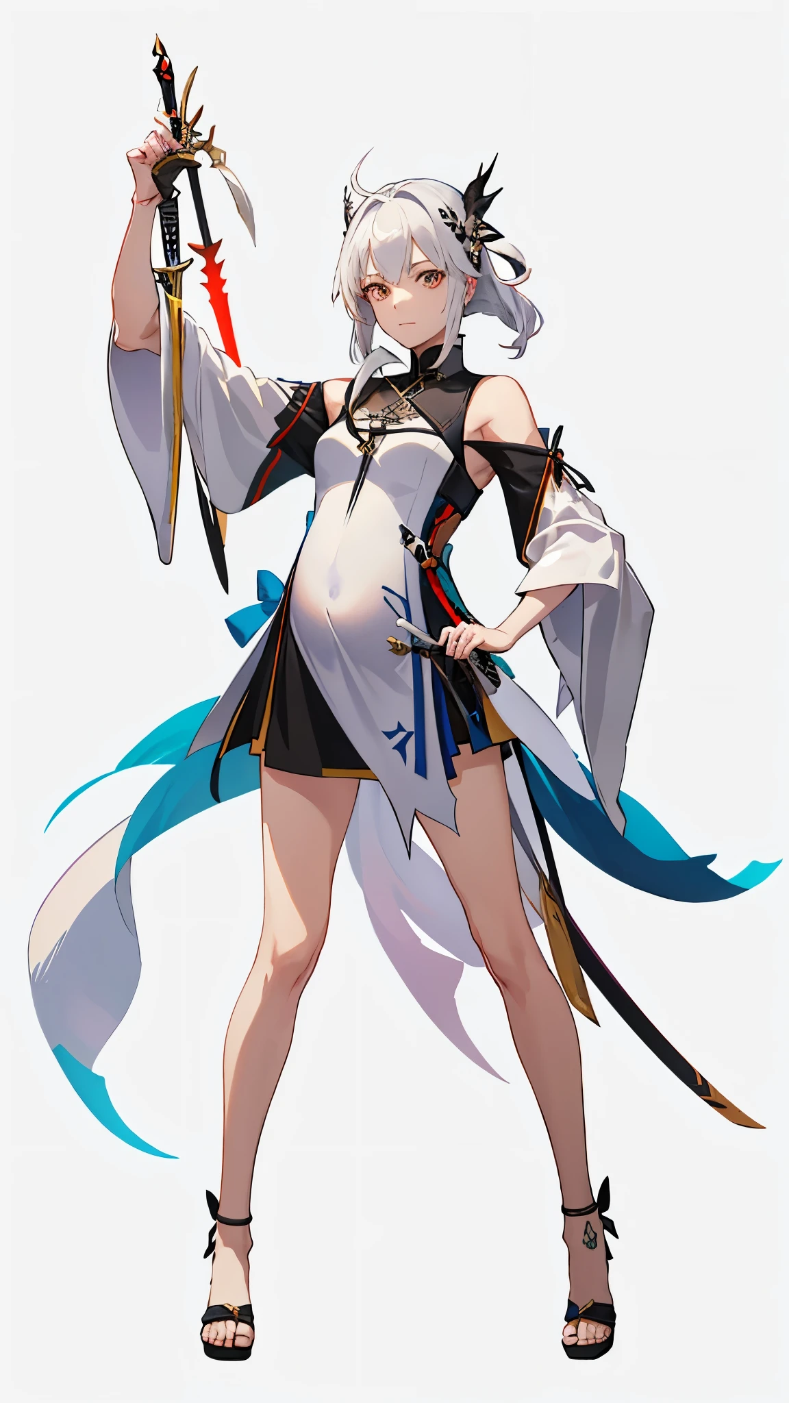 a woman in a dress holding a dagger and a dagger, video game character, from arknights, fox nobushi holding a dagger, hajime yatate, keqing from genshin impact, white haired deity, with small sword, ayaka genshin impact, female action anime girl, official character art, anime character, pregnant anime girl, fetus
