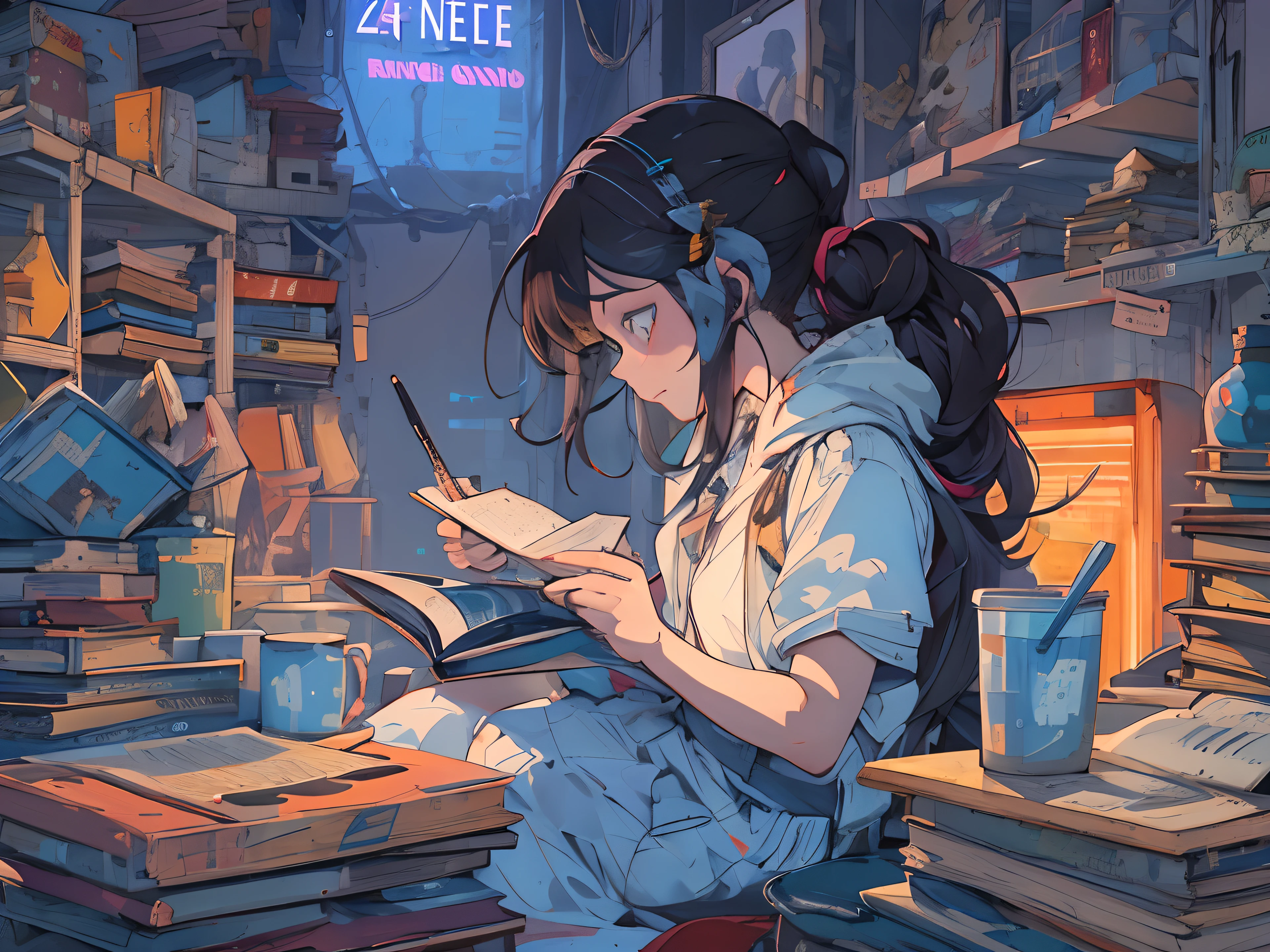 (ZERO), Uma estudando na mesa, Ler um livro, usando um fone de ouvido, , luz noturna, dia chuvoso neon scape,analog color theme, Lo-Fi Hip Hop , retrospectiva, plano, 2.5D ,arte de linha, desenho a tinta digital, Linha de tinta grande, Aquarela, cor goauche, Estilo Studio Ghibli, Amazing color, Outurn, Synthwave, Arte ZERO,Estilo anos 90,textura antiga, amplitude,Atmosfera dos anos 90, master part, Habilidades massivas