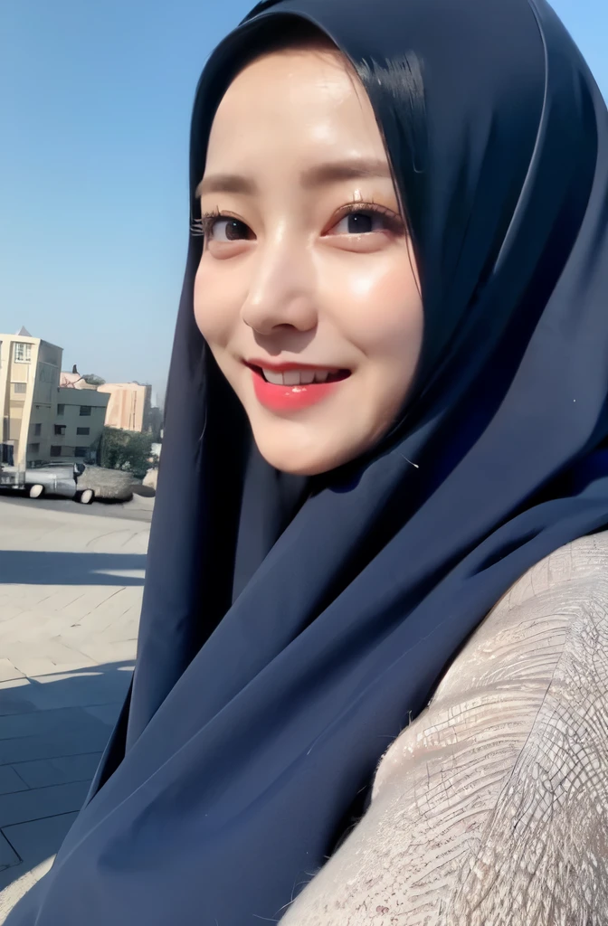 Wear hijab blue collor, ((Best quality, 8k, Masterpiece :1.37)), position:sitting, ( women in hijab), women in hijab blue, style model, ( women in hijab), beautiful face, Beautiful detailed eyes, Korean eyes, nose detail, Natural Lips, 18 year old girl, black hair, very detailed face, ultra detailed body, slim body, smiling lips, smile lips, detailed big breasts, detailed hairy vagina, Wearing Muslim hijab , luxurious jubba thobbe, blue sky view, slim body, realistic face, three women wearing hijabs