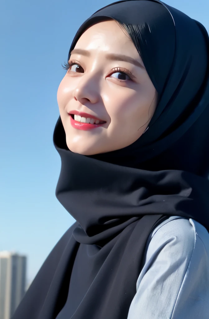 Wear hijab blue collor, ((Best quality, 8k, Masterpiece :1.37)), position:sitting, ( women in hijab), women in hijab blue, style model, ( women in hijab), beautiful face, Beautiful detailed eyes, Korean eyes, nose detail, Natural Lips, 18 year old girl, black hair, very detailed face, ultra detailed body, slim body, smiling lips, smile lips, detailed big breasts, detailed hairy vagina, Wearing Muslim hijab , luxurious jubba thobbe, blue sky view, slim body, realistic face, three women wearing hijabs