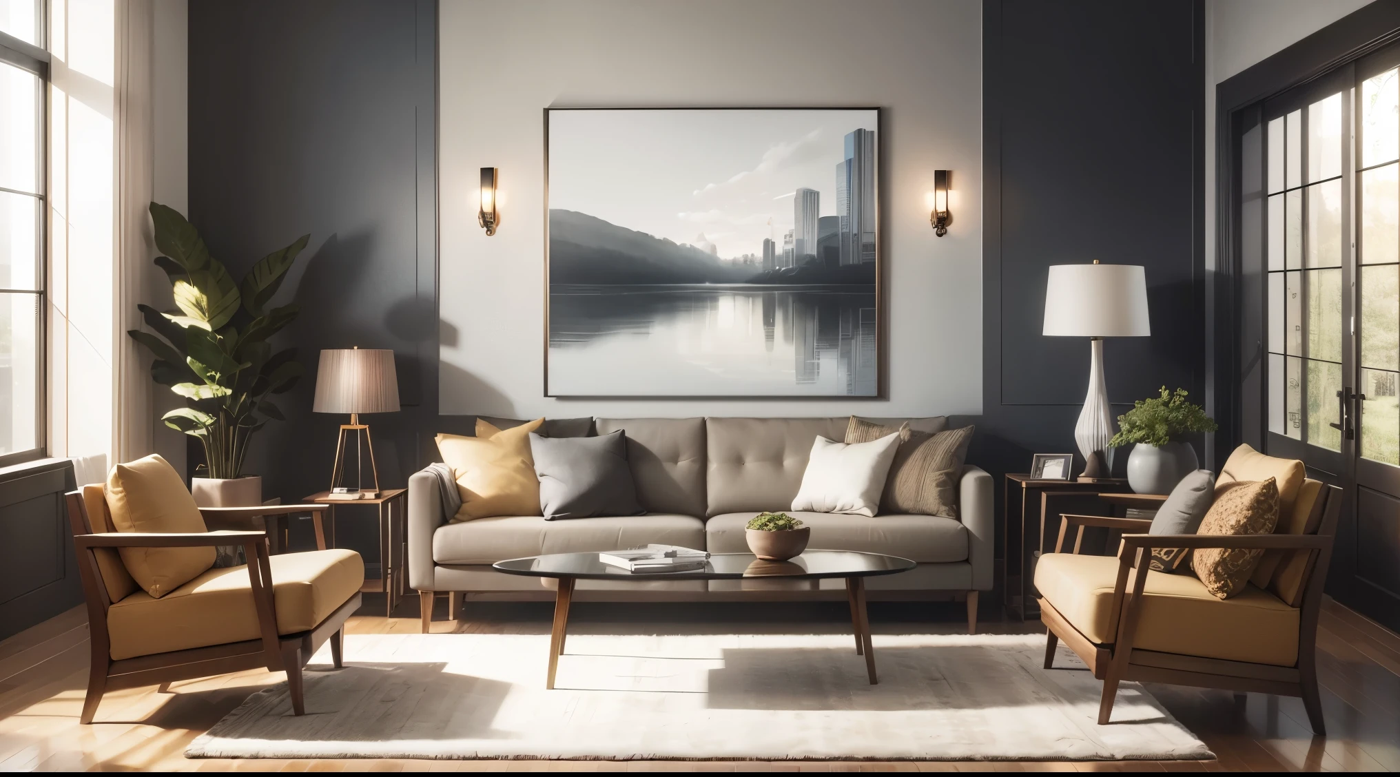 (masterpiece),(high quality), best quality, real,(realistic), super detailed, Step into this modern living room design and be greeted by a seamless blend of sleek lines and organic textures. The walls are painted in a cool, pale gray, providing a serene backdrop for the room. Large windows allow natural light to flood the space, highlighting the warmth of the natural oak flooring. A statement-making feature wall showcases a series of floating shelves, displaying an array of carefully curated books, art pieces, and potted plants. The seating area is centered around a low-profile, modular sofa upholstered in a soft, earth-toned fabric, adorned with plush cushions in varying patterns and textures. A contemporary, glass-top coffee table sits atop a handwoven rug with intricate geometric patterns. Surrounding the seating area, a set of sleek, mid-century modern armchairs in a rich leather finish provide additional seating options. A minimalist, black metal floor lamp with an adjustable arm stands elegantly in the corner, casting a warm glow across the room. The room is tastefully accessorized with a mix of metallic accents, such as a brass side table and a collection of copper vases,