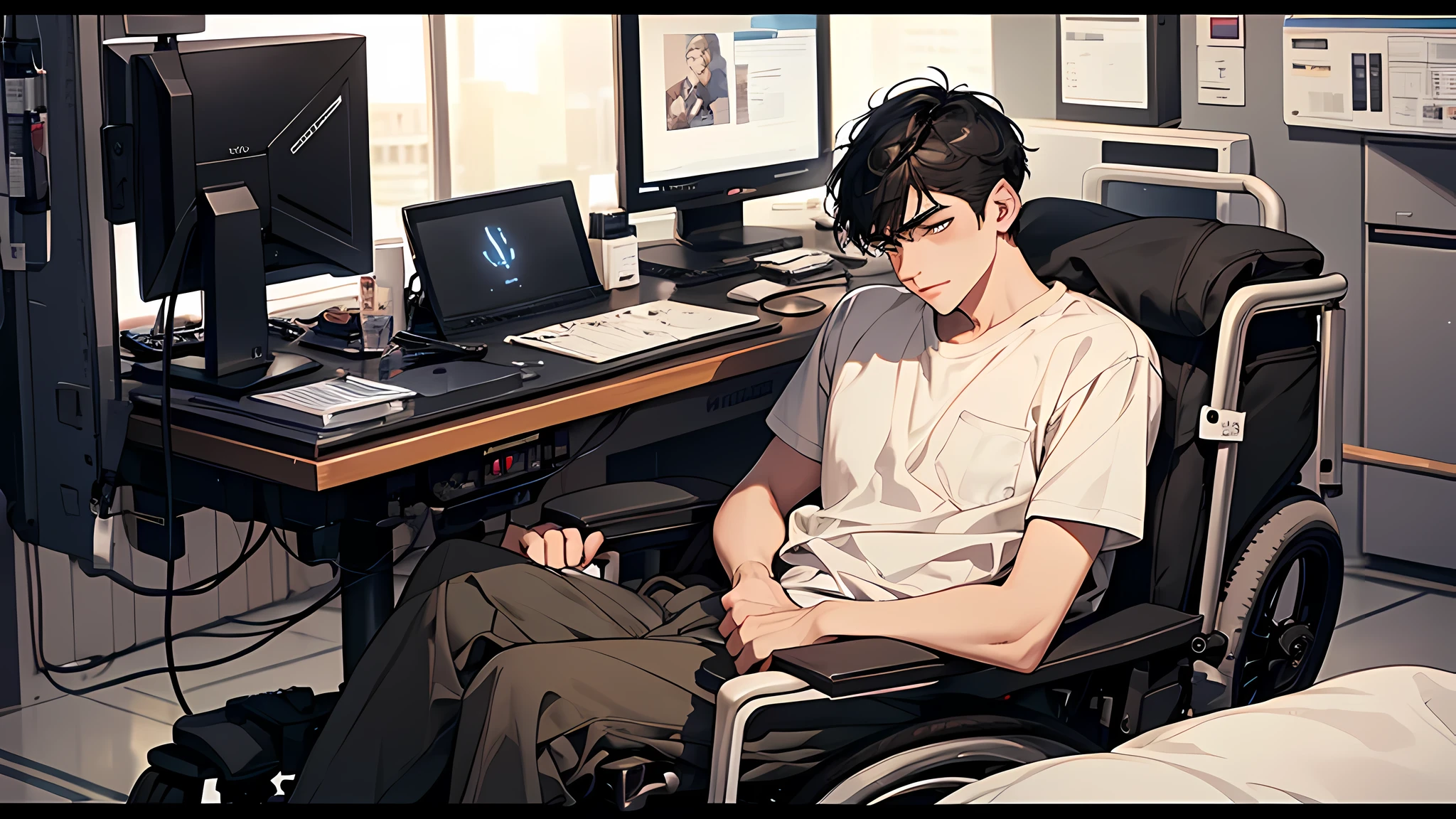 a 21 year old guy, short black hair, clean shaven, detailed face, in hospital, in wheelchair, paralyzed like stephen hawking, cannot move legs and arms, neck paralysis, cannot move head, only 1 limb