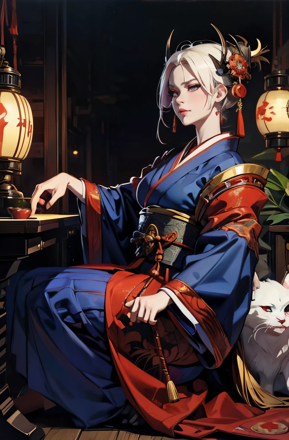 beautiful demon painting, Demon woman with a sword, strong female samurai, mouth with fangs, gambling, platinum blonde demon, Beautiful red kimono, Oiran, highest ranking woman, wideの主, Ghost Girl, Female Yakuza, Doji Ibaraki, Shuten Douji, Inspired by Chen Yifei, Inspired by Francesco Hayez, Inspired by Hendrik Terbruggen, Jean=Works that influenced Auguste Dominique Ingres, Inspired by Liu Jun, Jean=Works that influenced Auguste Dominique Ingres, highest quality, perfect angle, perfect composition, best shot, official art, cinematic light, figurative art, Beautiful and expressive paintings, Beautiful artwork illustration, wonderful, cool beauty, clear, Mysterious, highest quality, official art, perfect composition,perfect angle, best shot, women only, sharp outline, pretty much beautiful face, demon of kyoto, Lord of Chimi-Mourou, A ruthless demon woman, demon queen, Female Yakuza, full body tattoo, wide, Rashomon