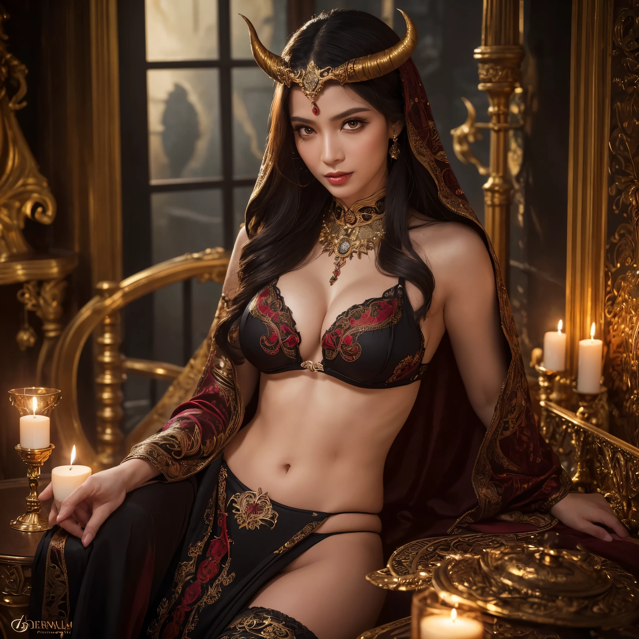 (best quality,highres:1.2),ultra-detailed,realistic,portrait,high fantasy,(subject 1:sexy busty Malaysian woman(age 40),jewel hijab,bikini,) tames a devil,arcane chamber,well-lit room,vibrant colors,exquisite details,(seductively poses,confident expression,mesmerizing eyes,long wavy hair,fine jewelry,ornate tattoos,chiseled features,soft skin),golden light,elaborate spell casting,richly decorated surroundings,enchanted atmosphere,mythical creatures in the background,elaborate tapestries,handsome yet sinister devil,subdued black and red color scheme,gentle candlelight,Northern European architecture,ethereal shimmer,curved horns,dark wings,burnished scales,dangerous yet alluring presence