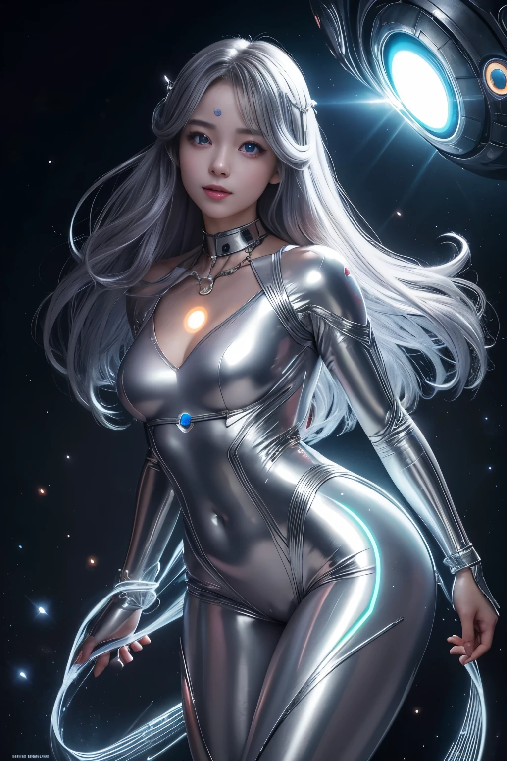 (highest quality, High resolution, masterpiece:1.2), Super detailed, realistic:1.37,(perfect anatomy),1 girl, full body portrait,Cute and completely beautiful Japanese idol girl,(transform into an alien:1.3),秘密めいたlaughter,(glowing eyes:1.4),(beautiful eyes:1.2),beautiful skin, detailed facial features, complicated hair, detailed costume, small breasts,beautiful lips,A tight, full-length silver satin space bodysuit,metal necklace,, seductive makeup,,silver braid hair,Moe pose、laughter, cyber lab