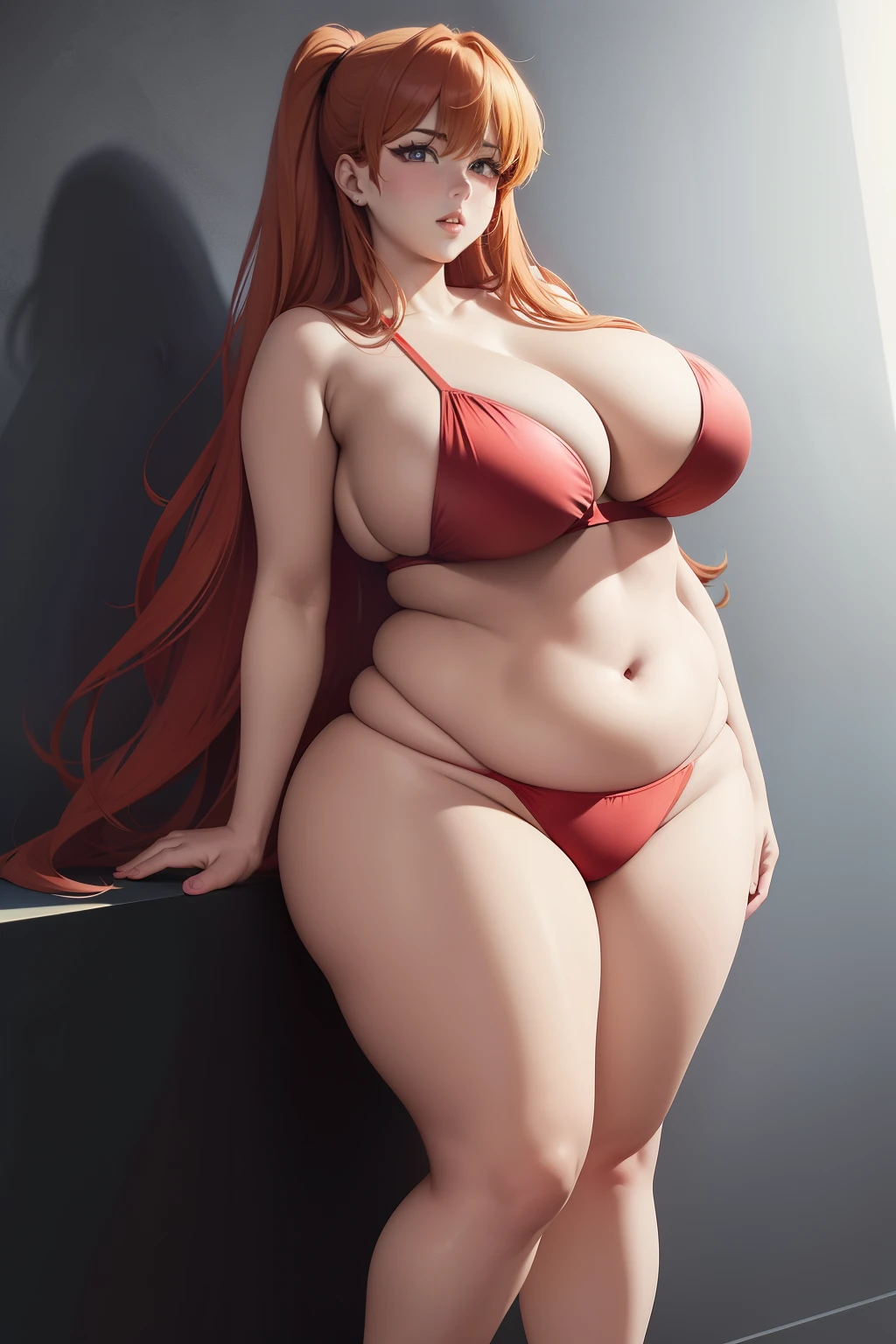 Full body portrait photo of anime bbw girl in red bikini with long hair and big breasts, very fat curvy body, wide waist and wide hips, rounded and beautiful face, very similar portrait of Asuka Langley Soryu, Asuka Langley, female anime character, beautiful girl from Evangelion, style of Junji Ito, Asuka from Evangelion,  Cel shaded anime