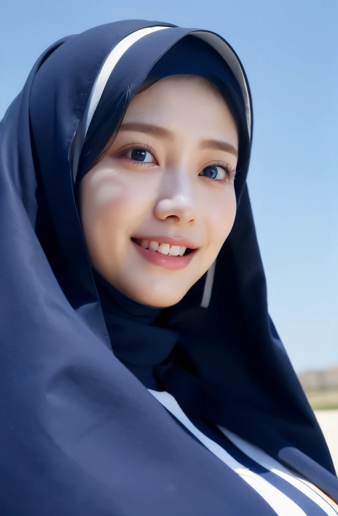 Wear hijab blue collor, ((Best quality, 8k, Masterpiece :1.37)), position:sitting, ( women in hijab), women in hijab blue, style model, ( women in hijab), beautiful face, Beautiful detailed eyes, Korean eyes, nose detail, Natural Lips, 18 year old girl, black hair, very detailed face, ultra detailed body, slim body, smiling lips, smile lips, detailed big breasts, detailed hairy vagina, Wearing Muslim hijab , luxurious jubba thobbe, blue sky view, slim body, realistic face, three women wearing hijabs