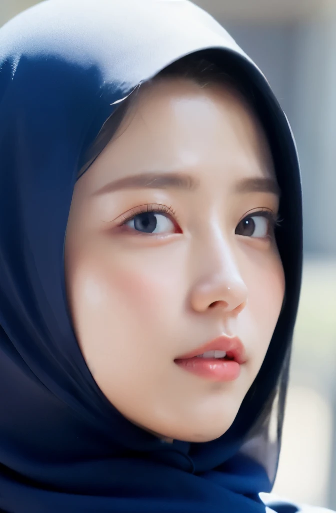 Wear hijab blue collor, ((Best quality, 8k, Masterpiece :1.37)), position:sitting, ( women in hijab), women in hijab blue, style model, ( women in hijab), beautiful face, Beautiful detailed eyes, Korean eyes, nose detail, Natural Lips, 18 year old girl, black hair, very detailed face, ultra detailed body, slim body, smiling lips, smile lips, detailed big breasts, detailed hairy vagina, Wearing Muslim hijab , luxurious jubba thobbe, blue sky view, slim body, realistic face, three women wearing hijabs