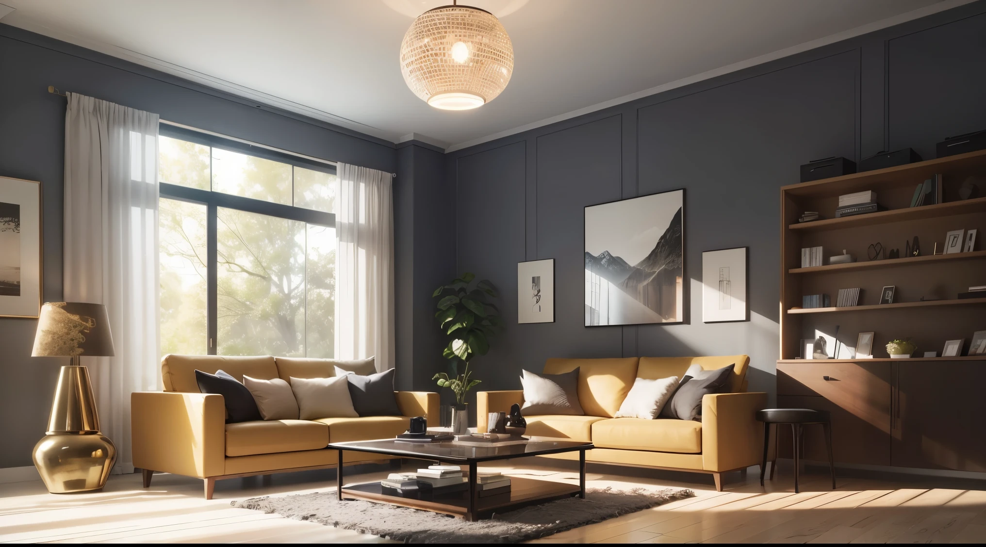 (masterpiece),(high quality), best quality, real,(realistic), super detailed, Step into this modern living room design and be greeted by a seamless blend of sleek lines and organic textures. The walls are painted in a cool, pale gray, providing a serene backdrop for the room. Large windows allow natural light to flood the space, highlighting the warmth of the natural oak flooring. A statement-making feature wall showcases a series of floating shelves, displaying an array of carefully curated books, art pieces, and potted plants. The seating area is centered around a low-profile, modular sofa upholstered in a soft, earth-toned fabric, adorned with plush cushions in varying patterns and textures. A contemporary, glass-top coffee table sits atop a handwoven rug with intricate geometric patterns. Surrounding the seating area, a set of sleek, mid-century modern armchairs in a rich leather finish provide additional seating options. A minimalist, black metal floor lamp with an adjustable arm stands elegantly in the corner, casting a warm glow across the room. The room is tastefully accessorized with a mix of metallic accents, such as a brass side table and a collection of copper vases,