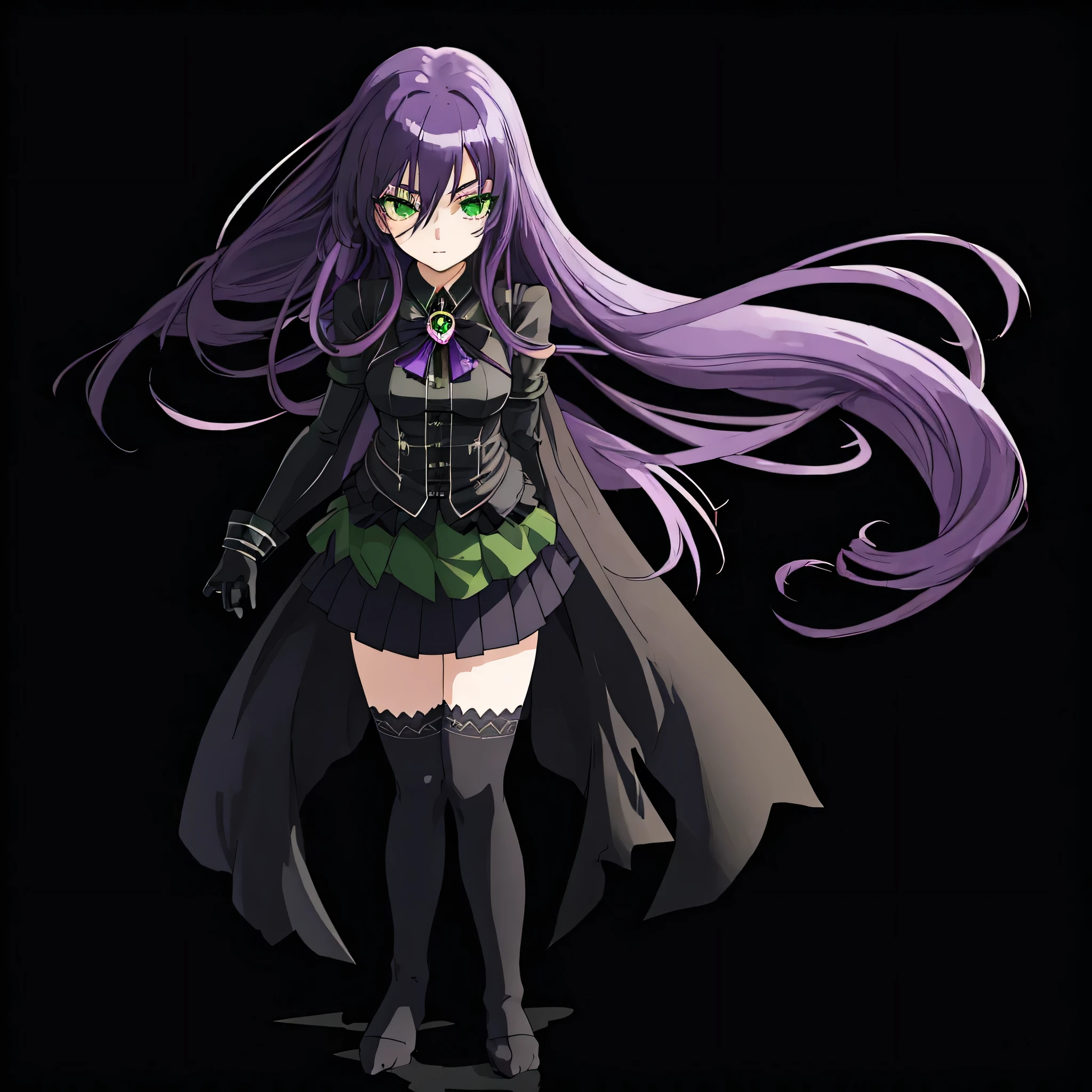 anime girl, long purple hair, beautiful green eyes, black skirt, black gloves, Exquisite details, black knee socks