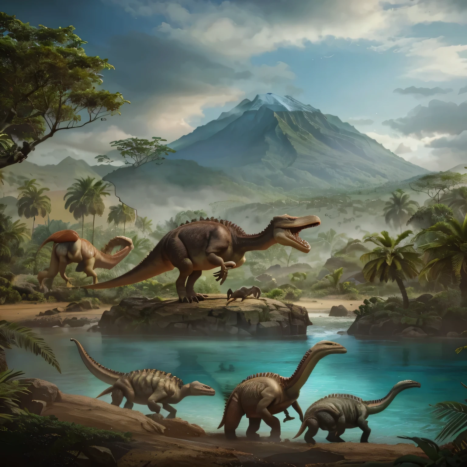 arafed dinosaurs in a tropical landscape with a mountain in the background, realistic photography paleoart, realistic paleoart, paleoart, jurassic image, by Alexander Kucharsky, by Alexander Sharpe Ross, by Wayne England, by Alexander Robertson, by Alexander Johnston, by Abidin Dino, dinosaurs, by Christian W. Staudinger