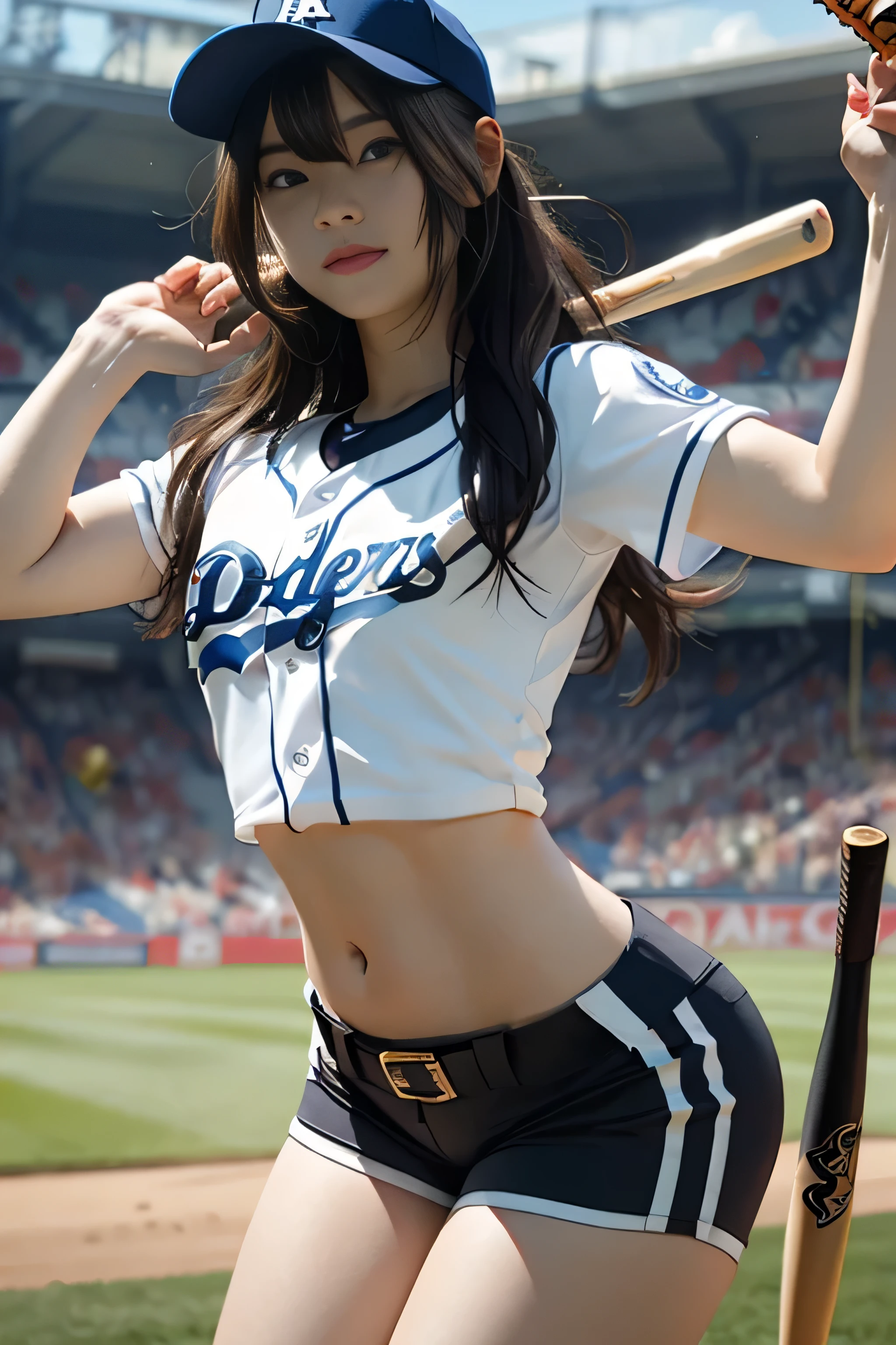 (8K, RAW photo, highest quality, masterpiece: 1.2), masterpiece, Super detailed, Ultra high decomposition energy A, (realistic and realistic photos: 1.37), High-definition RAW color photo, very delicate and beautiful., About Igree, 8k wallpaper, wonderful, be familiar with, 非常にbe familiar withな目, 非常にbe familiar withな肌, とてもthin指, 非常にbe familiar withな鼻, 非常にbe familiar withな口, perfect anatomy,1 girl, Deep blue baseball cap, (Los Angeles Dodgers baseball uniform), low rise short pants,thin,tight ass, Keep your mouth shut、smile happily、long black hair、Braid、White-eye、Clear double eyelids、eyelash、long neck、Absolute area、beautiful clavicle、perfect face、thin lips、small face、(gaze towards the viewer、eye highlights、blue eyes) , (baseball Ground:1.4) gem, cute smile, alone, 、fiery idol pose, perfect lighting,dynamic angle,Baseball games, (has a baseball bat:1.4),
