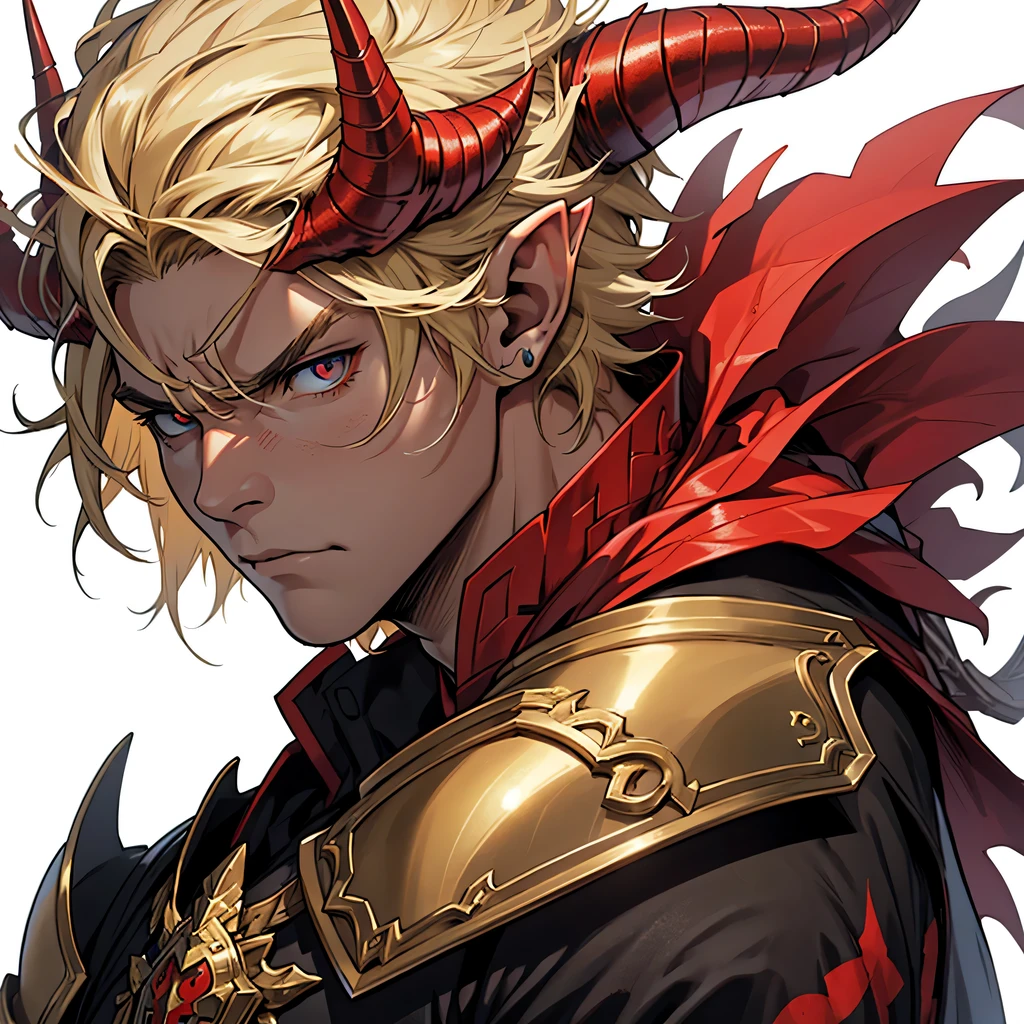anime, masterpiece, best quality, by professional artist, 1man, male, solo, upper body portrait, detailed composition, detailed eyes, detailed hair, white background, short spiky hair, elf, blond hair, angry face, black and red demon armor, dragon skin, thorny horns