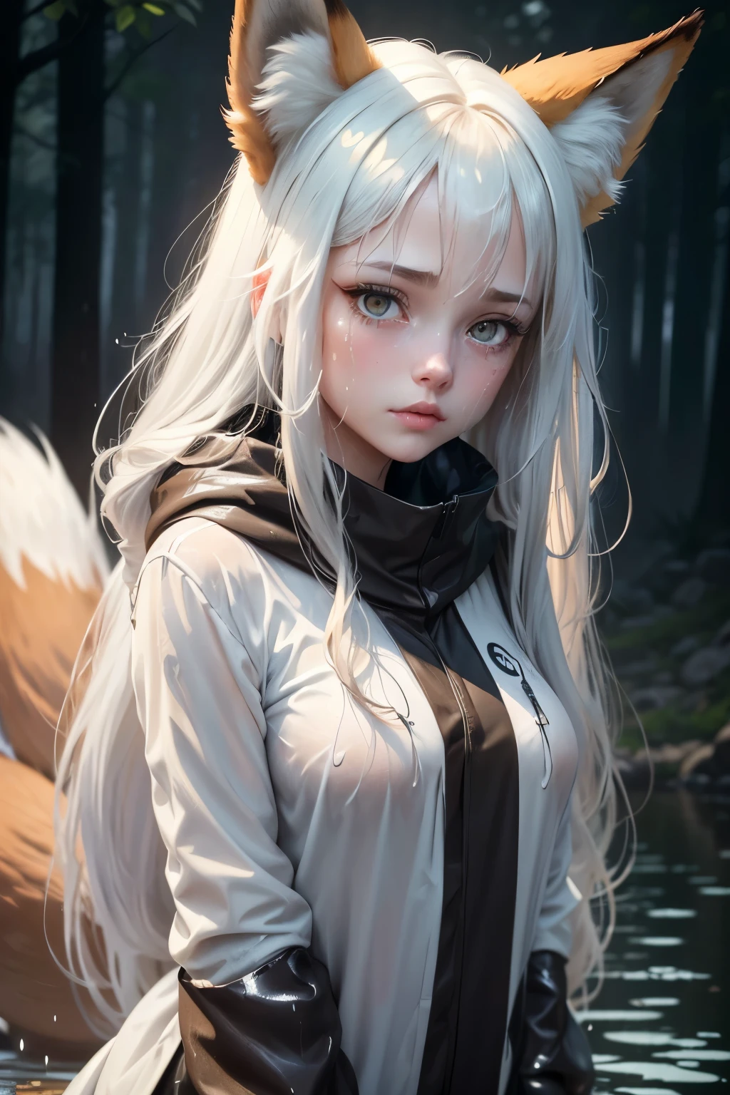 (best quality,4k,8k,highres,masterpiece:1.2),ultra-detailed,realistic:1.37, HDR, UHD, studio lighting, vivid colors, extreme detail description, bokeh, portraits, BLARKY beautiful caucasian girl with very long straight white hair, bangs, hair between eyes, (yellow eyes), fair skin, animal ear fluff, animal ears, expressive face, attractive appearance, extra ears, fox ears, fox girl, fox tail, sad, emotional, eyes full of tears, wet fur, raindrops sliding down her face, drenched clothes, shivering body, water-soaked ground, gloomy atmosphere, very young girl, she is a ghost