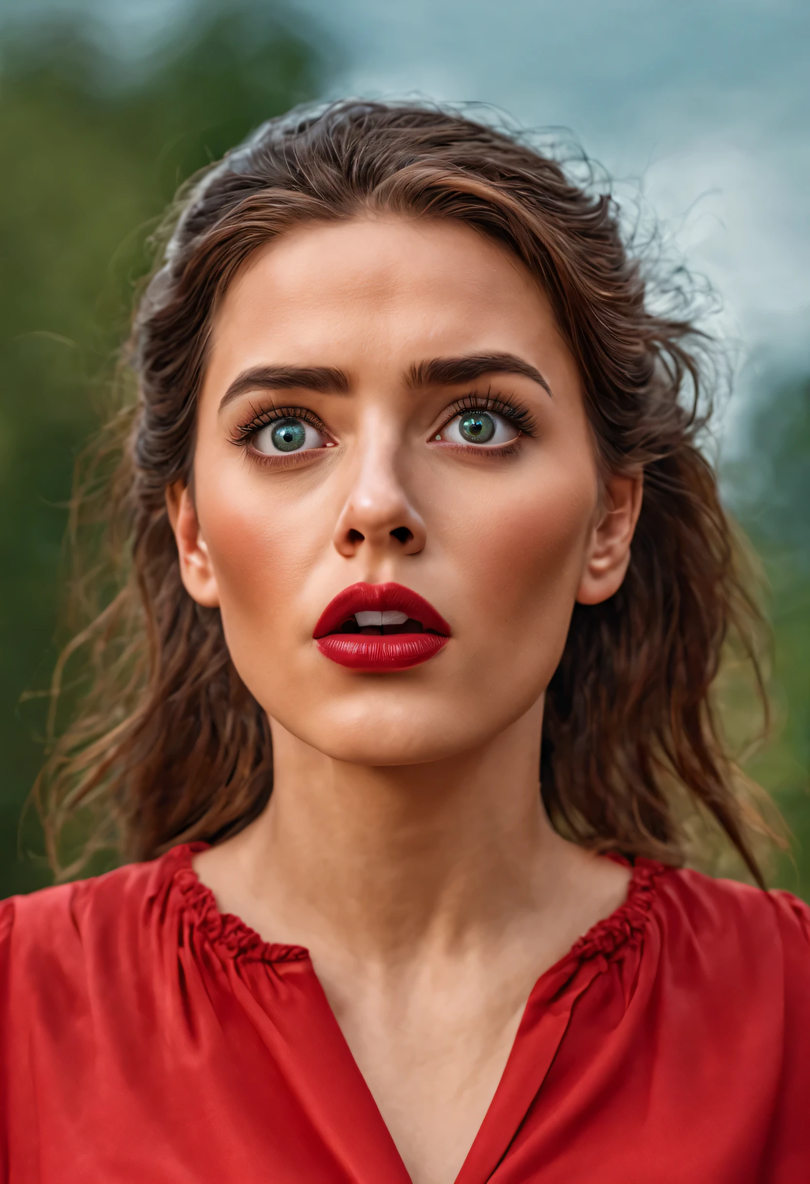 Mejor calidad,ultra detallado,retrato,Realista,(HDR,HD),hermoso rostro detallado,incredibly detailed eyes and lips,blusa roja,mujer,Expression astonished,asustado,mirando al cielo,Movie cover