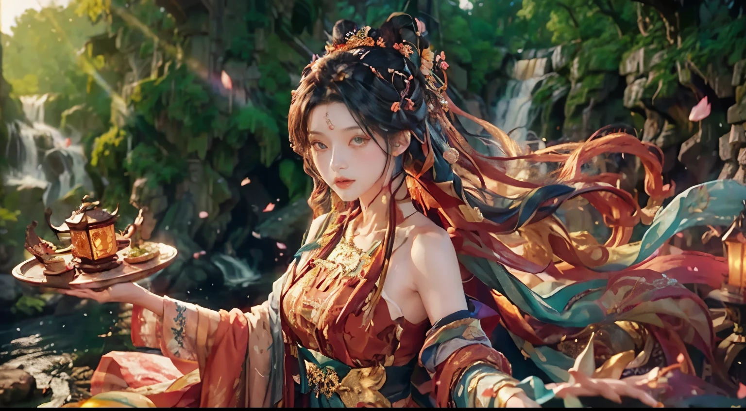 Superb Beauty, (Milky Skin: 1.3), Exquisite Details, High Resolution, Wallpaper, 1 Woman, Solo, Dress, Hair Accessories, (((Golden Red Dress)) ), Flower, Long curly Hair, black Hair, Shut Up, curvy body, Accessories, Long Sleeves, Raised Hands, Wide Sleeves, Big Eyes, Flowing Hair, Hanfu, Hanfu, Embroidery, Long Dress, Natural Pose, Falling Petals, Indoor, Fanning, Lantern, 16K, HDR, High Resolution, Depth of Field, (Film grain: 1.1), Bocon, Primetime, (lens flare), vignette, rainbow, (color grading: 1.5), (best quality, 8k, masterpiece: 1.3)), sharpness: 1.2, perfect body beauty: 1.4, slim abs: 1.2, (layered hairstyle, mid-chest: 1.2)), Wet: 1.5, Masterpiece, Stunning Sky and Clouds, Rich Natural Landscape, Cliffs, Lakes and Rivers, Waterfalls Flying Water, Fanatic, Long Sleeves, Elegant, Holy, Colorful, Highest Detail, Underwater, Floating Hair, Flowers, Masterpiece, Excellent, Spring Dress, Colored Hair, Outdoor