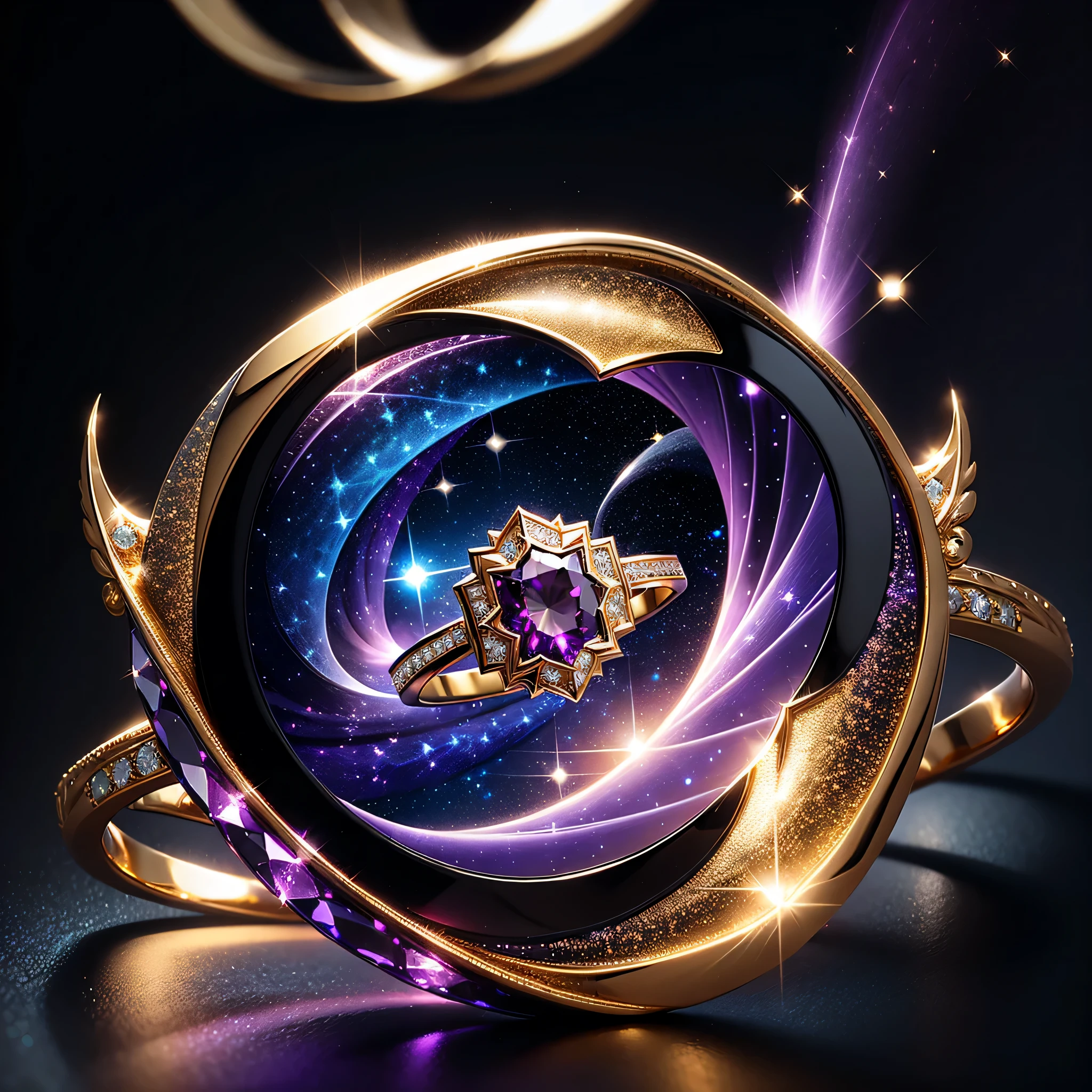 masterpiece,top quality,(It's nothing, Except for the ring),(no man), Phoenix Ring,starry sky,Wrapped all the way from start to finish,Delicate gold ring,starry sky на ринге,shine,inverted image,Sparkling blue-purple gemstones,Elegant and noble,simple background