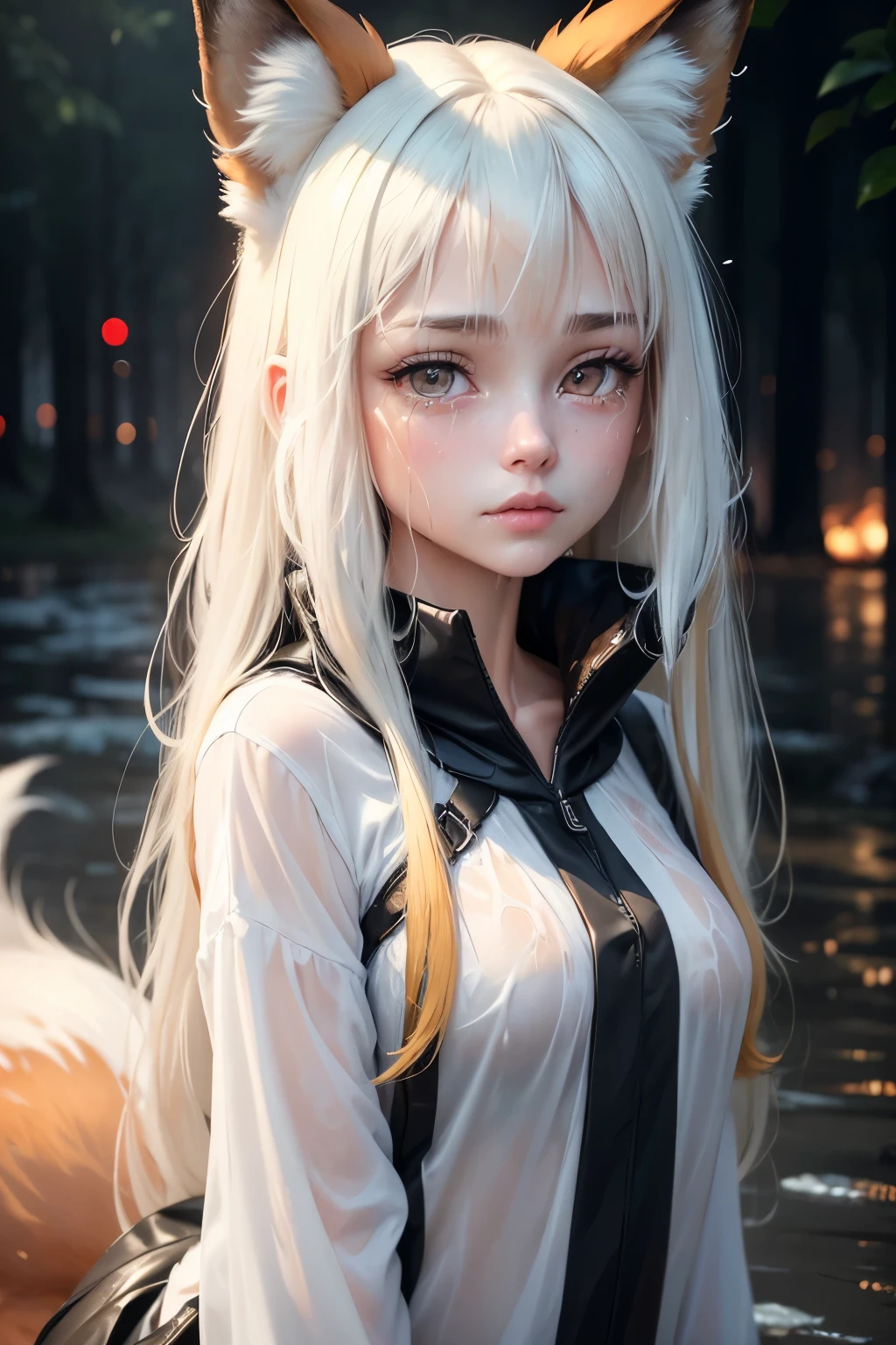 (best quality,4k,8k,highres,masterpiece:1.2),ultra-detailed,realistic:1.37, HDR, UHD, studio lighting, vivid colors, extreme detail description, bokeh, portraits, BLARKY beautiful caucasian girl with very long straight white hair, bangs, hair between eyes, (yellow eyes), fair skin, animal ear fluff, animal ears, expressive face, attractive appearance, extra ears, fox ears, fox girl, fox tail, sad, emotional, eyes full of tears, wet fur, raindrops sliding down her face, drenched clothes, shivering body, water-soaked ground, gloomy atmosphere, very young girl, she is a ghost