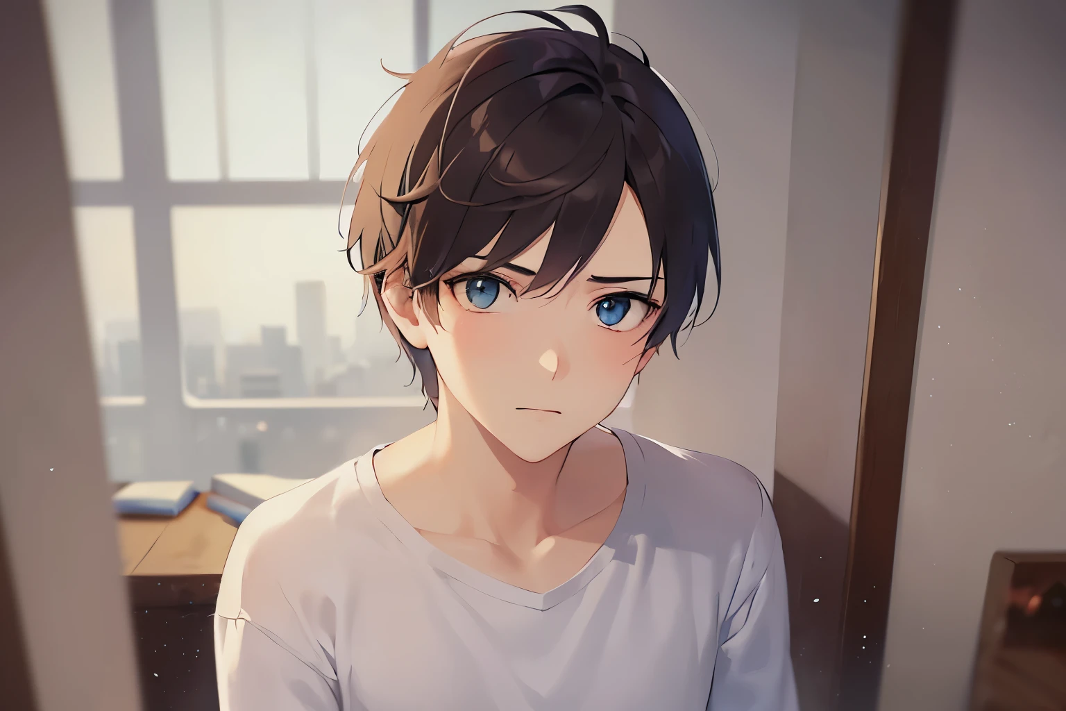 masterpiece、high quality、(25 year old man with short brown hair and blue eyes:1.5), wearing a white T-shirt、(Alone:1.5)、(sad:1.3), (Only the upper body is visible.:1.3)、be in the living room、bold composition、