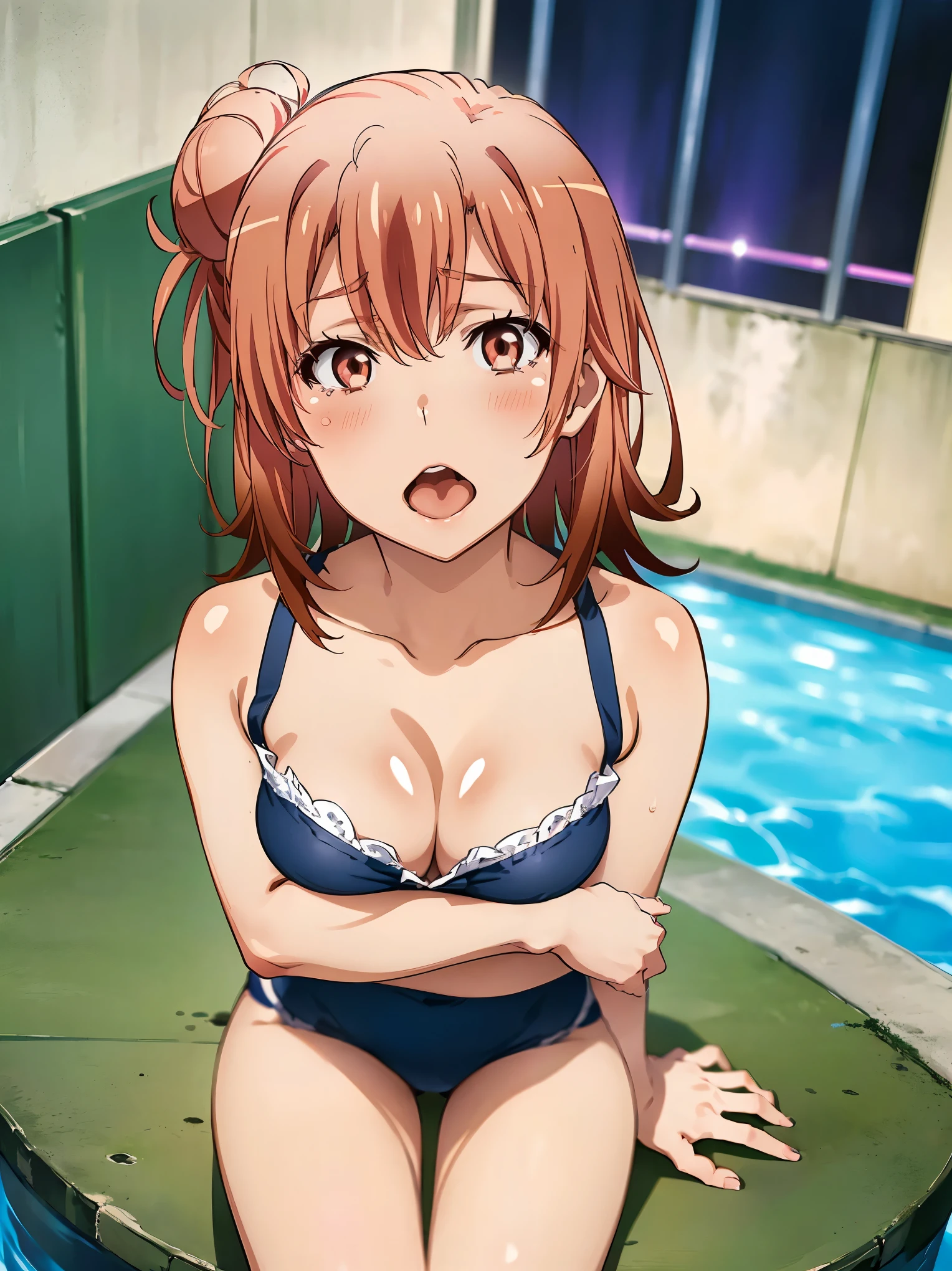 (best art,8k,illustration,one,three point perspective, top view,ultra high resolution, masterpiece, best quality,Very detailed,Very rich facial details, perfect eyes,best artwork,perfect arms,Complete analysis structure),high dynamic range,ultra high definition,studio lighting,Ultra-fine painting,sharp focus,Physically based rendering,extremely detailed description,professional, one名 20 岁女性,pretty girl,(Seductive thighs:1.0),ass focus,(blush, Sweat, open mouth, Roll your eyes, tears, Sticking out tongue, open your eyes, head tilt,Face the audience with open legs),Dark underwear upper body,Sitting next to the pool,shiny skin,yukinoshita yukino,yuigahama yui,isshiki iroha