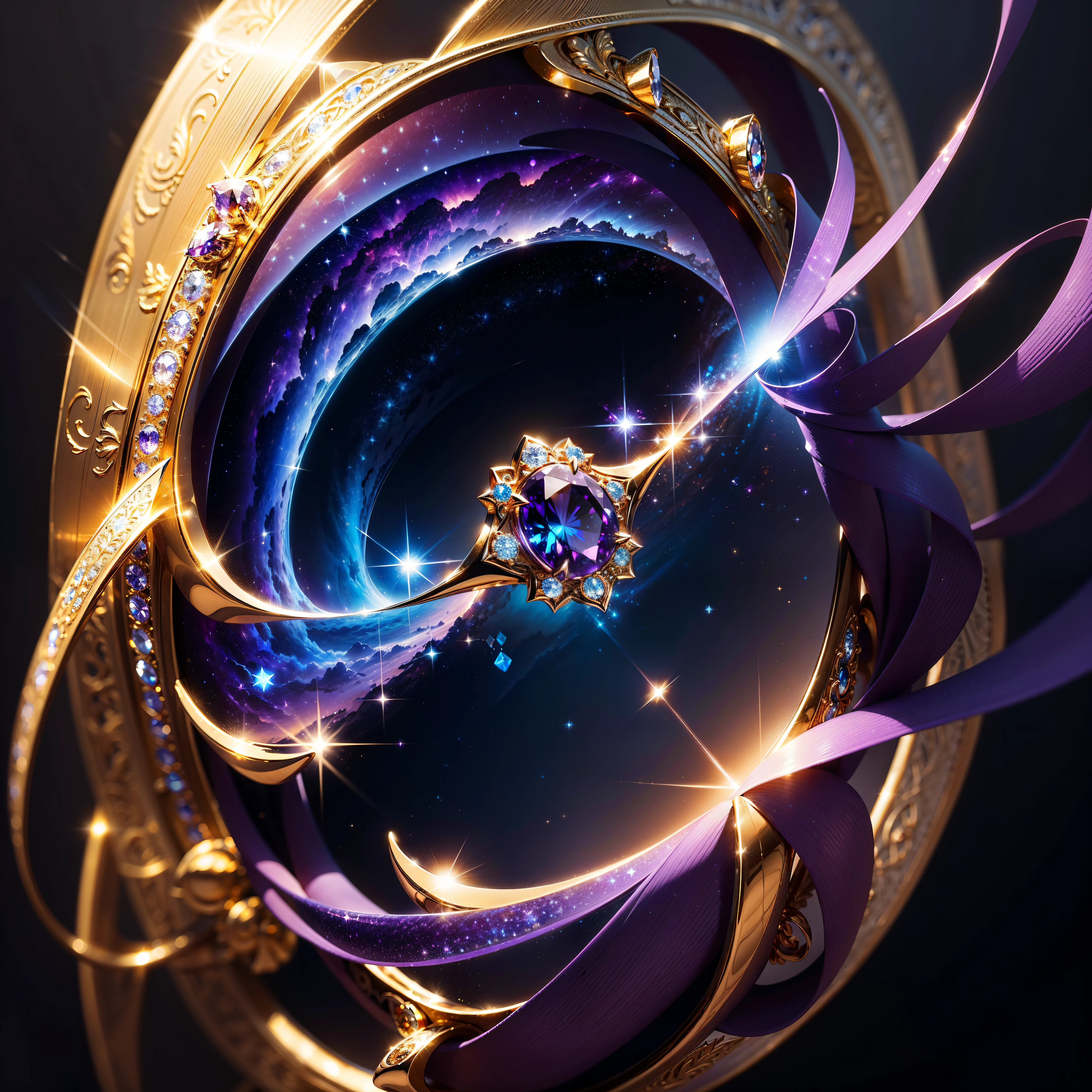 masterpiece，top quality，(It's nothing, Except for the ring)，(no man), Phoenix Ring，starry sky，Wrapped all the way from start to finish，Delicate gold ring，starry sky на ринге,shine，inverted image，Sparkling blue-purple gemstones，Elegant and noble,simple background