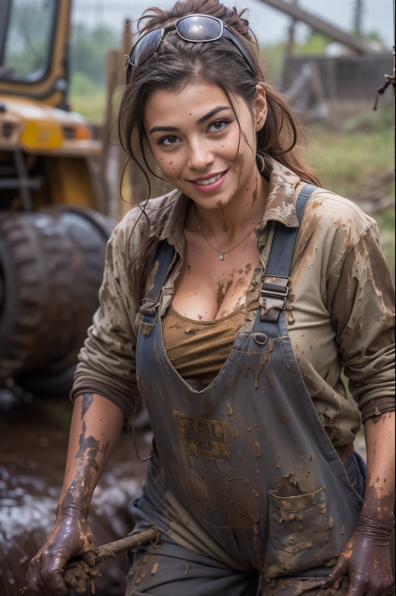 Female mechanic at work, grimy clothes, greasy, muddy, bent over, open overalls, cute smile, masterpiece, vivid, photorealistic, bare skin, muddy outdoors