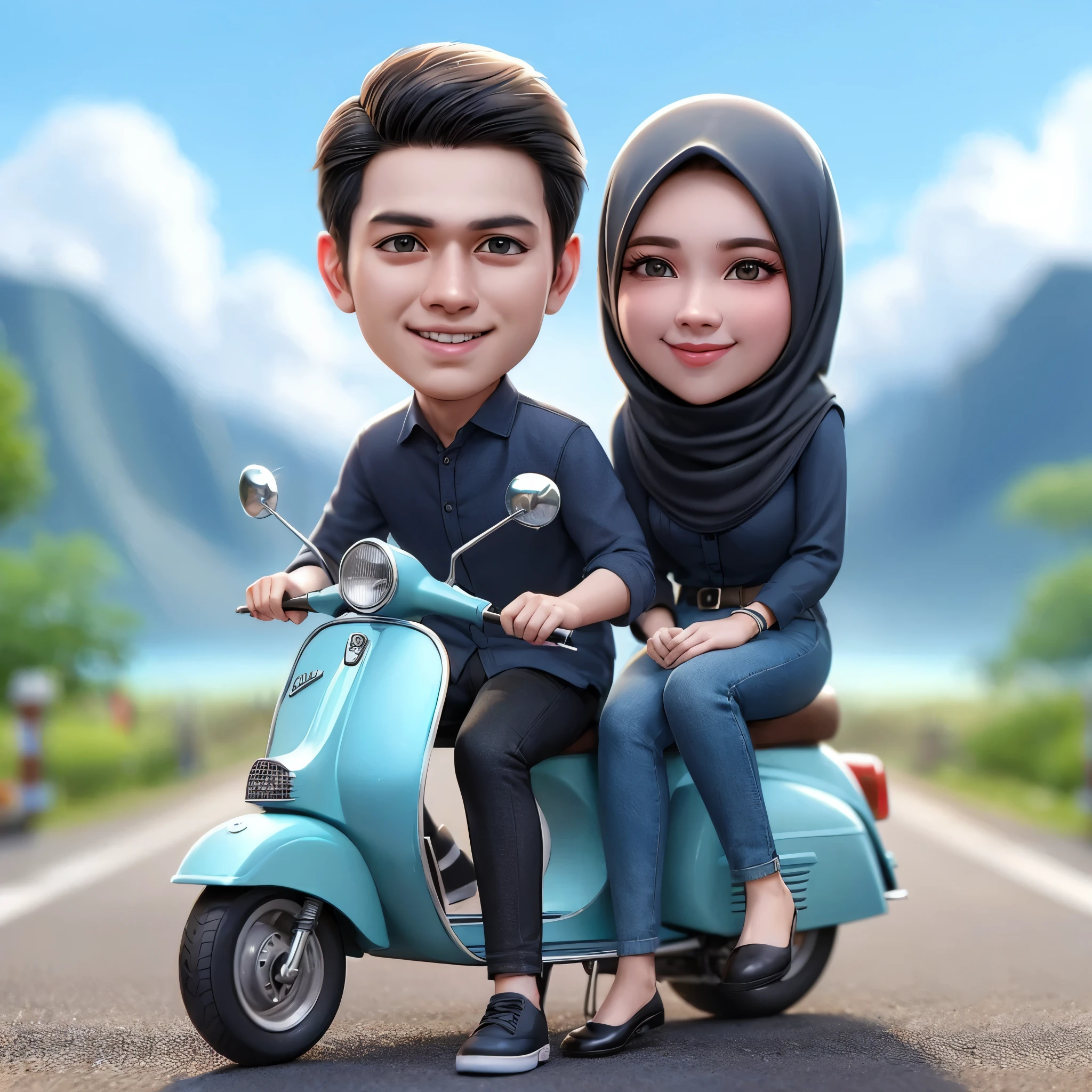 3D caricature of a 27-year-old Indonesian man, wearing a dark blue shirt, black jeans, wearing black shoes, a 23-year-old hijab-wearing woman wearing a blue sweetter and black jeans, they ride a light blue exel type Vespa with a smile expression, beautiful mountain scenery background, front view, cool, 4k, best photographer details