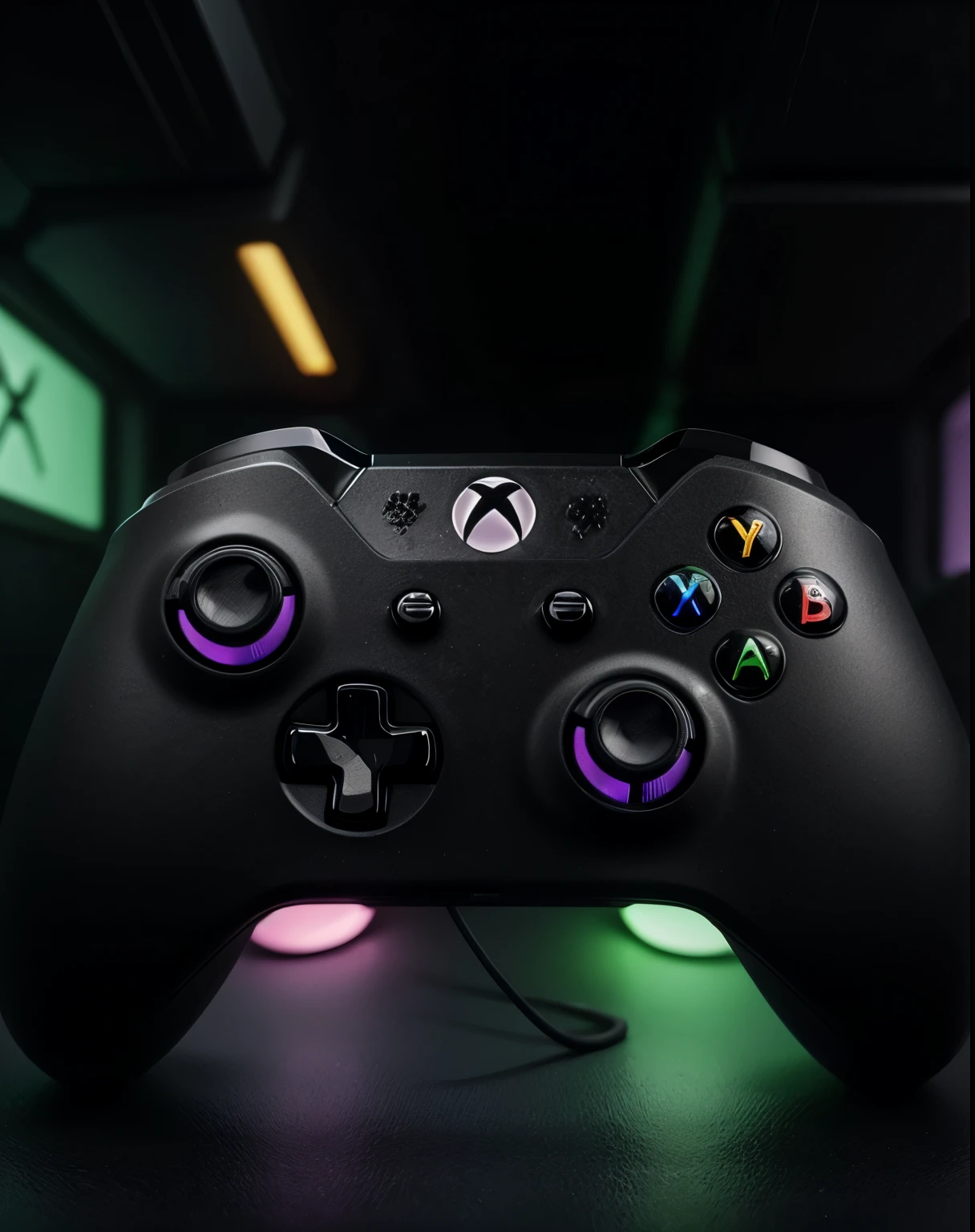 Neo-noir cyberpunk Xbox gamepad featuring translucent elements, pulsating LED indicators, and tactile feedback surfaces. The design blends elements of urban decay with high-tech functionality, creating a visually striking accessory. Rendered in ultra-high-definition for maximum realism.