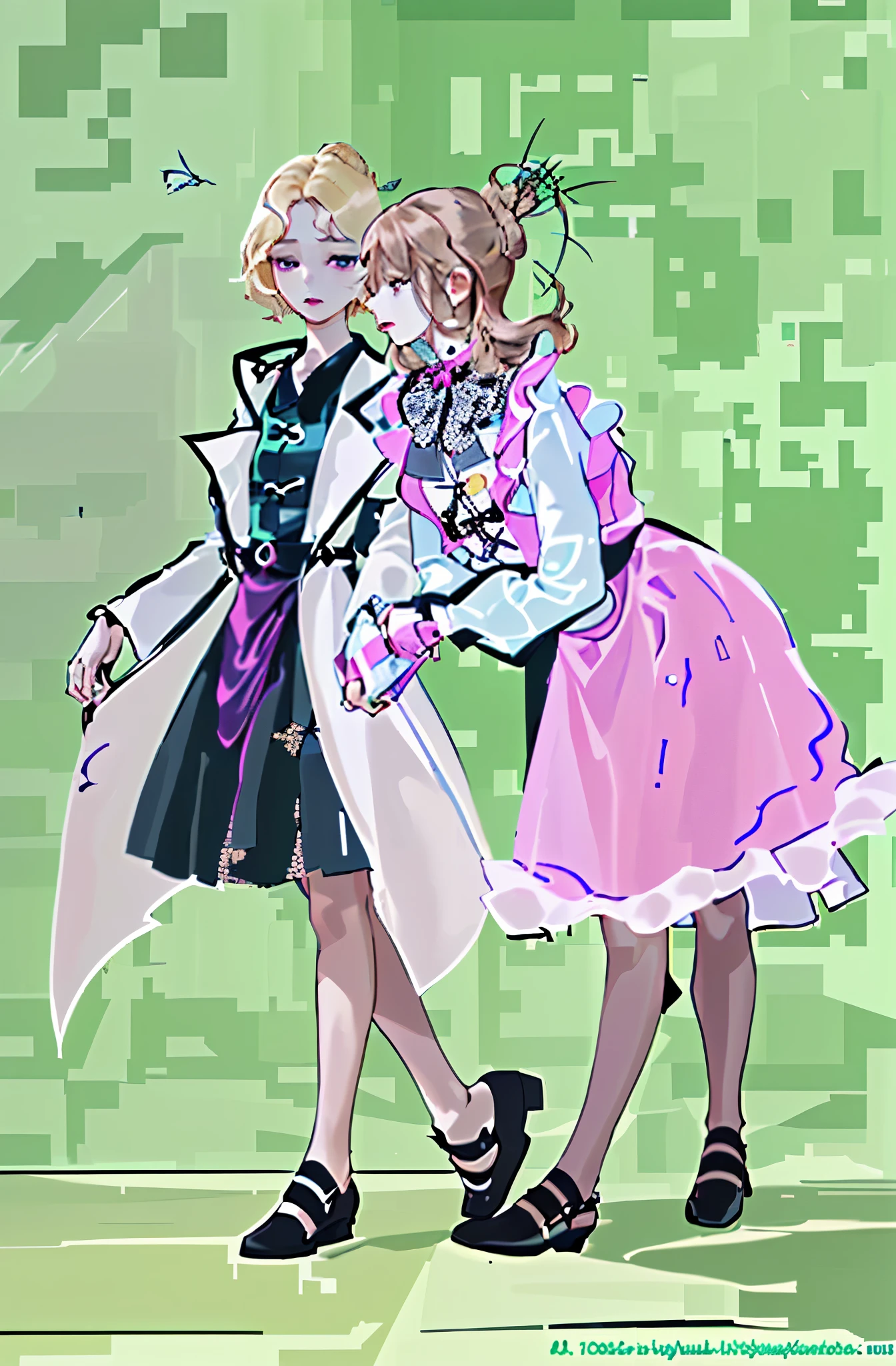 two girls,interaction,((best quality)), ((masterpiece)), ((two girls))Hair fluttering,delicate face,good eyes,lifelike,whole body