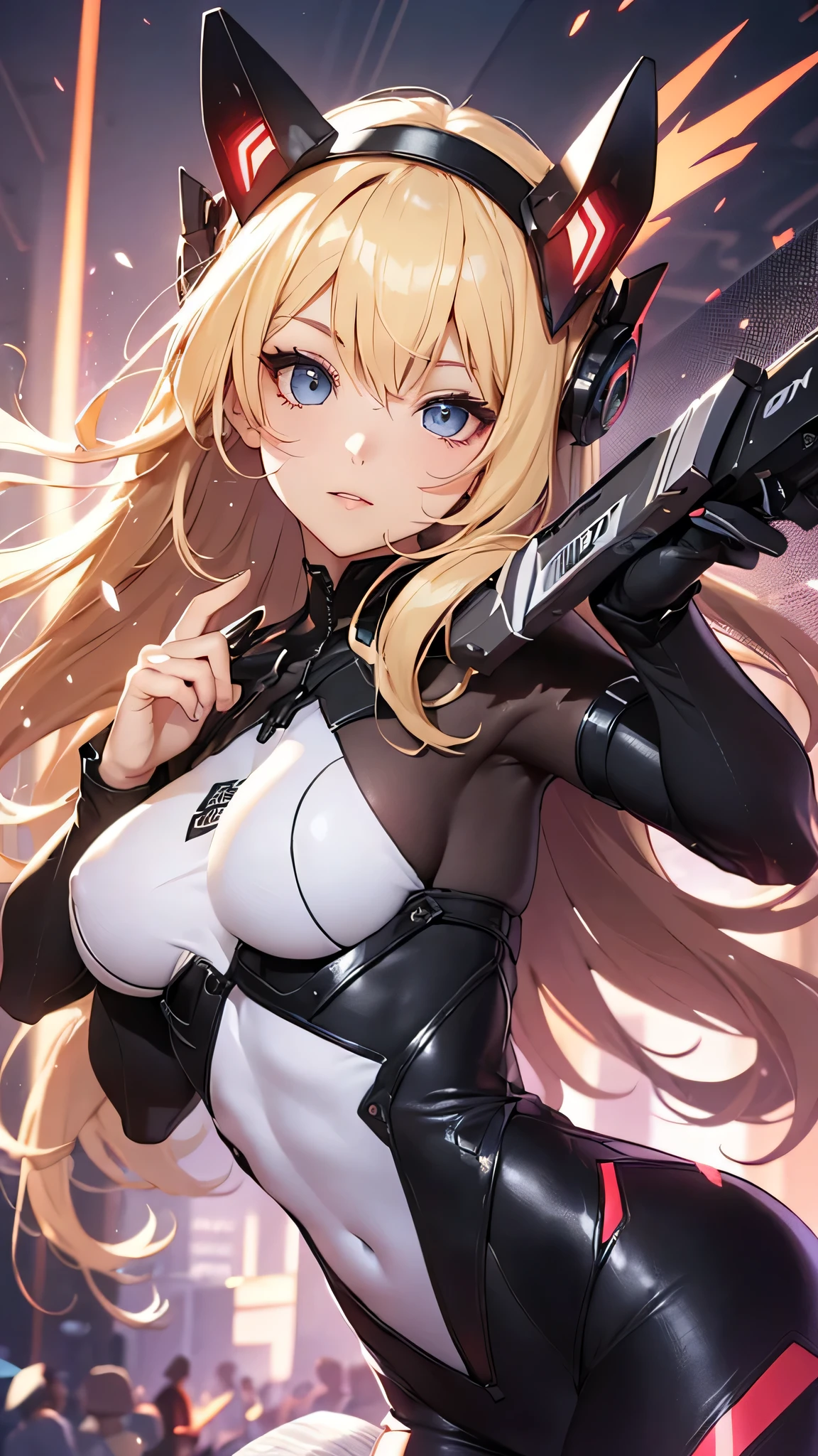 最high quality、best image quality、masterpiece、Android Girl((Robot body、20-year-old、 By becoming、vest bust、medium bust,wide open breast tea、black eye, blonde hair、long hair、thin,highest valley、glowing battle uniform、elationのある動き、超high speed、Feeling of sprinting、glowing head visor、has a laser blade)),high quality、beautiful art、background((In the airport、high speed、Red laser))、debris flies、Depth of written boundary、movie、visual art、perfect art、8K,genuine、elation、Dynamic expression(1:2)、elation